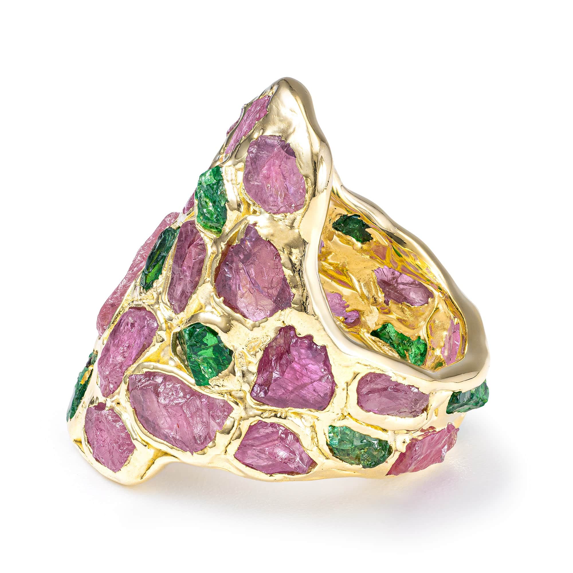 Kelea Handcrafted Ring with Raw Ruby & Tsavorite Garnet in 14K Gold Plated Silver