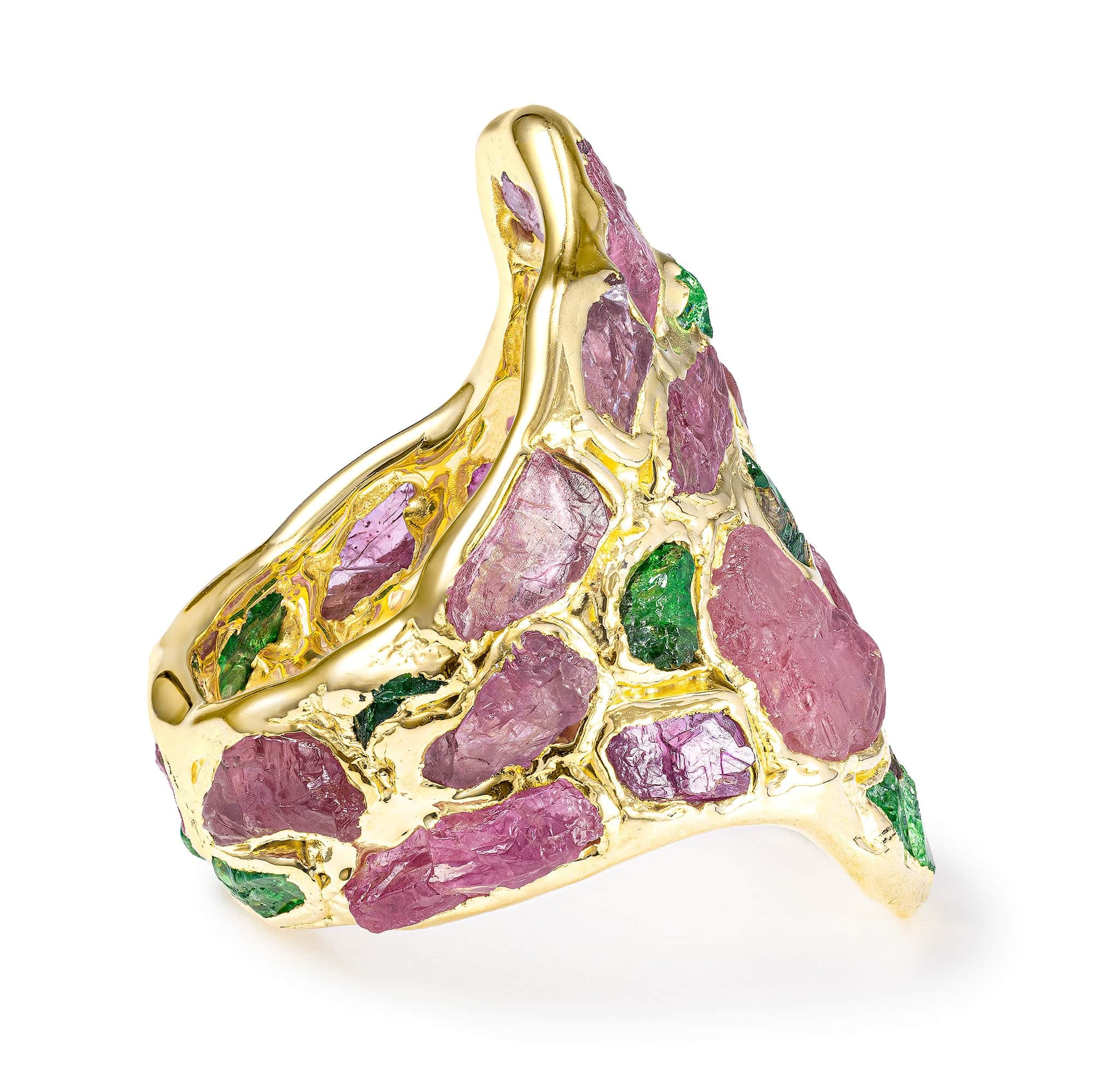 Kelea Handcrafted Ring with Raw Spinel & Tsavorite Garnet in 14K Gold Plated Silver