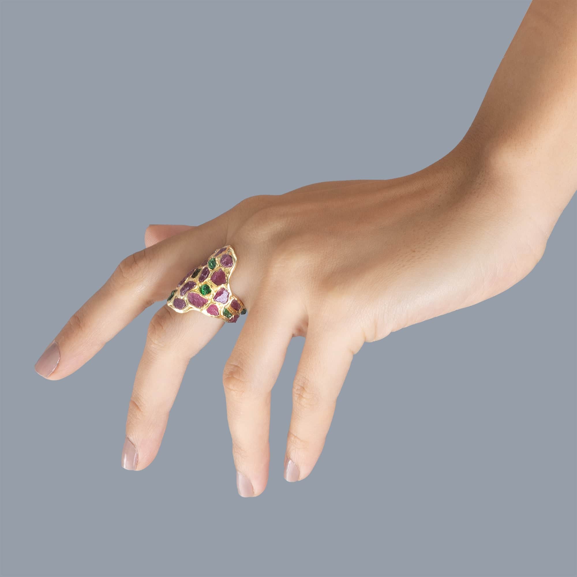 Kelea Handcrafted Ring with Raw Spinel & Tsavorite Garnet in 14K Gold Plated Silver