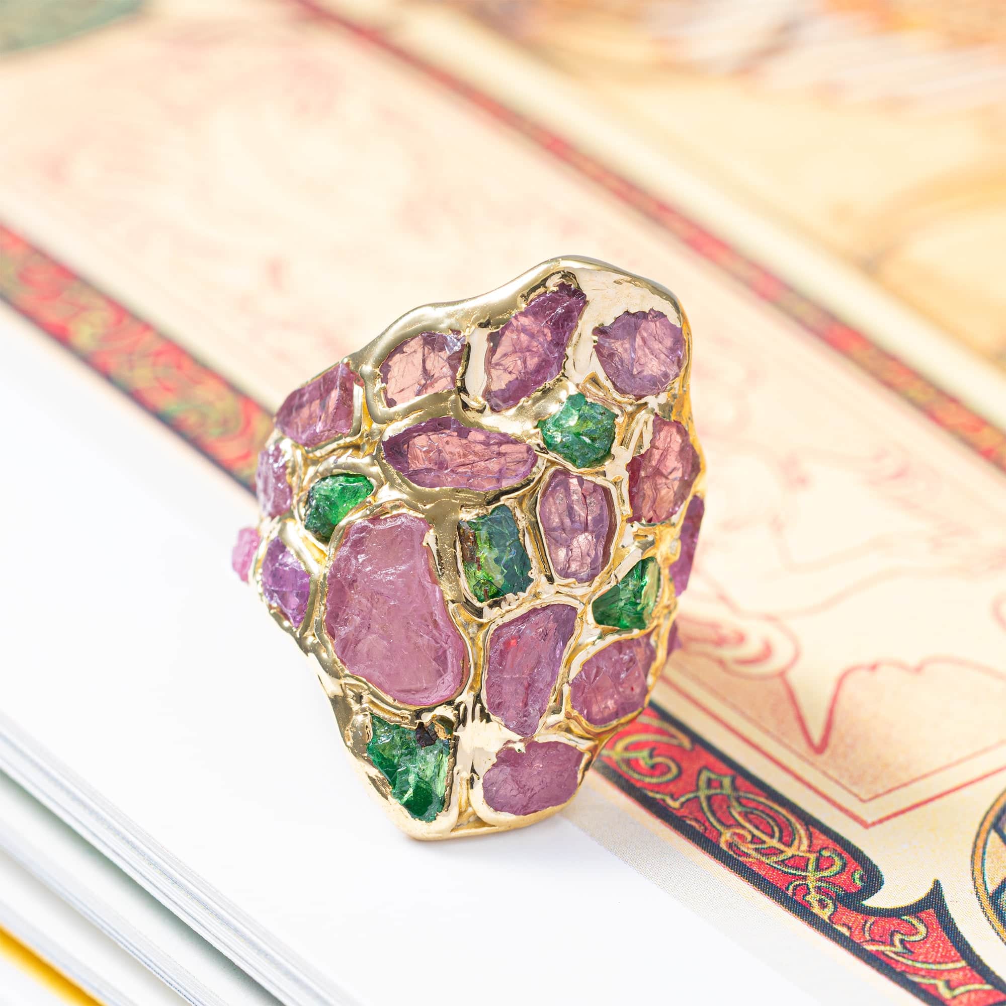 Kelea Handcrafted Ring with Raw Spinel & Tsavorite Garnet in 14K Gold Plated Silver