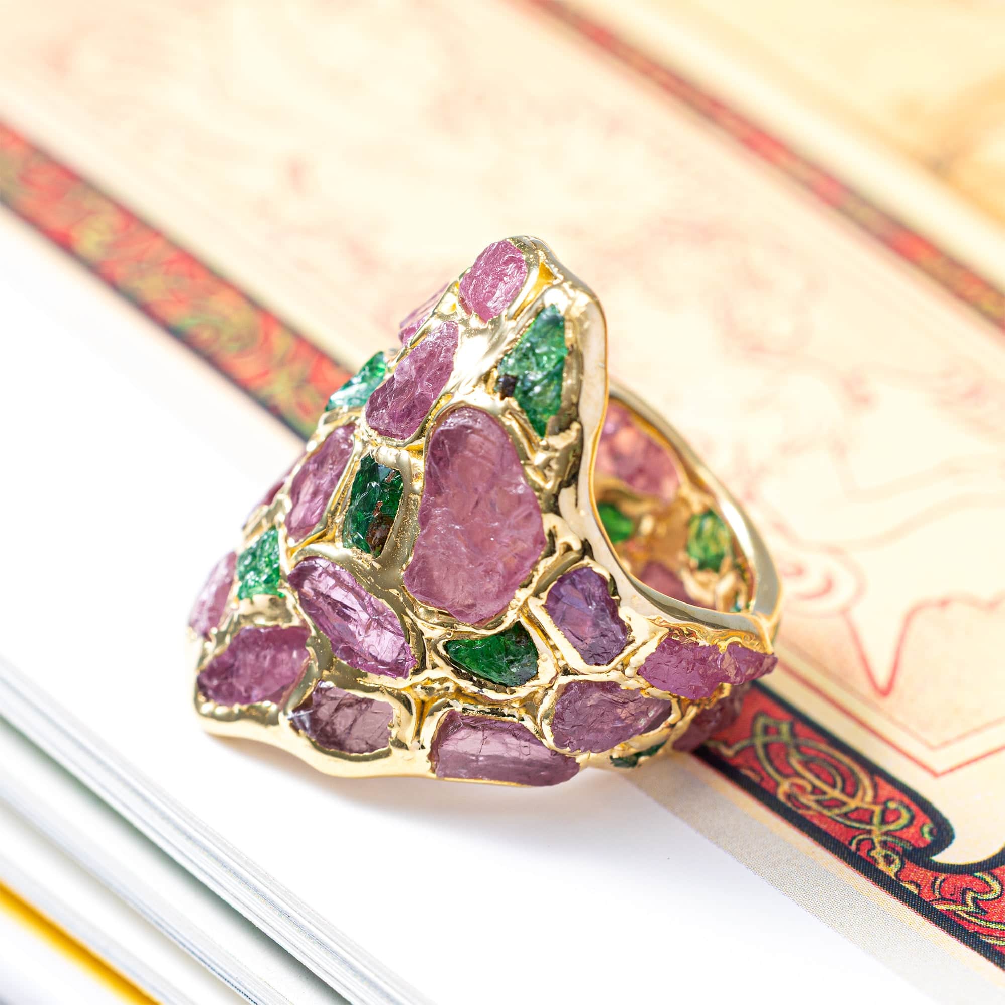 Kelea Handcrafted Ring with Raw Spinel & Tsavorite Garnet in 14K Gold Plated Silver