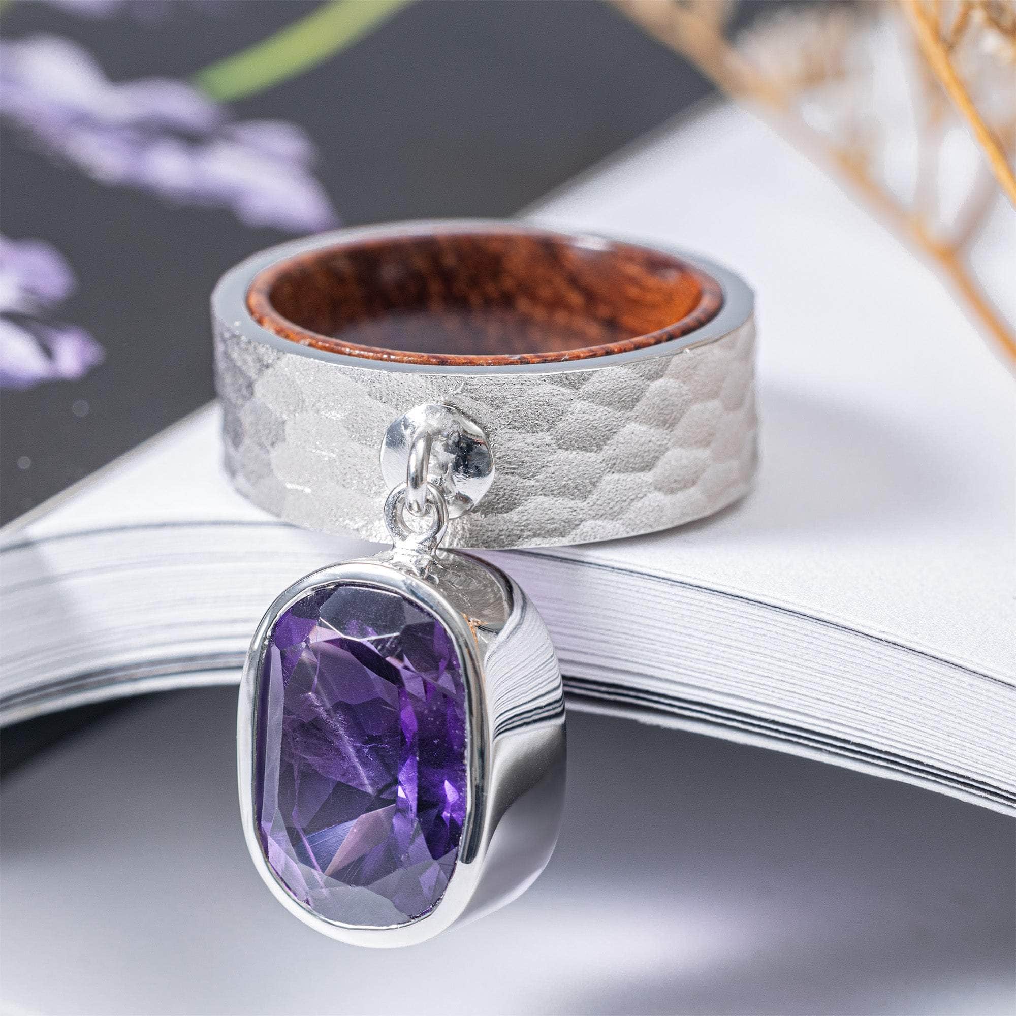 Lorelei Handmade 925 Silver & Rosewood Ring with Octagon-Cut Amethyst
