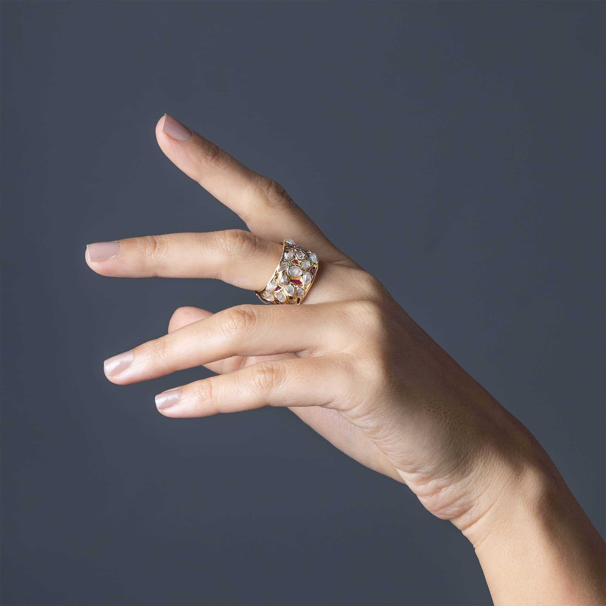 Lythara Barrel Ring with Raw Natural White Zircon & Ruby in 14K Gold Plated Sterling Silver