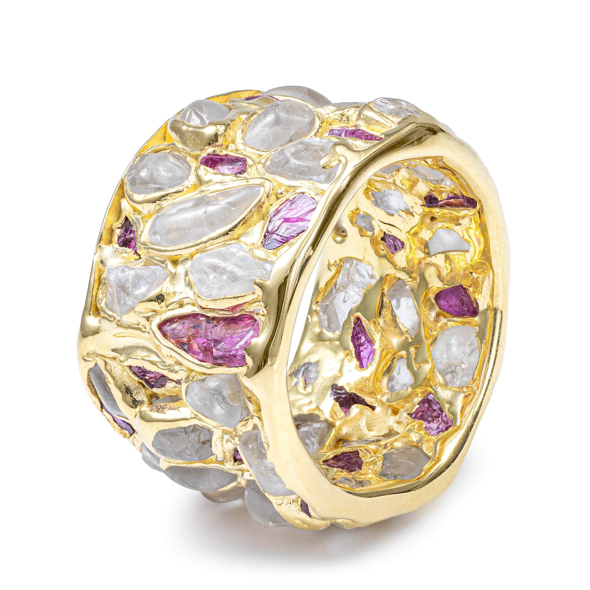 Lythara Barrel Ring with Raw Natural White Zircon & Ruby in 14K Gold Plated Sterling Silver