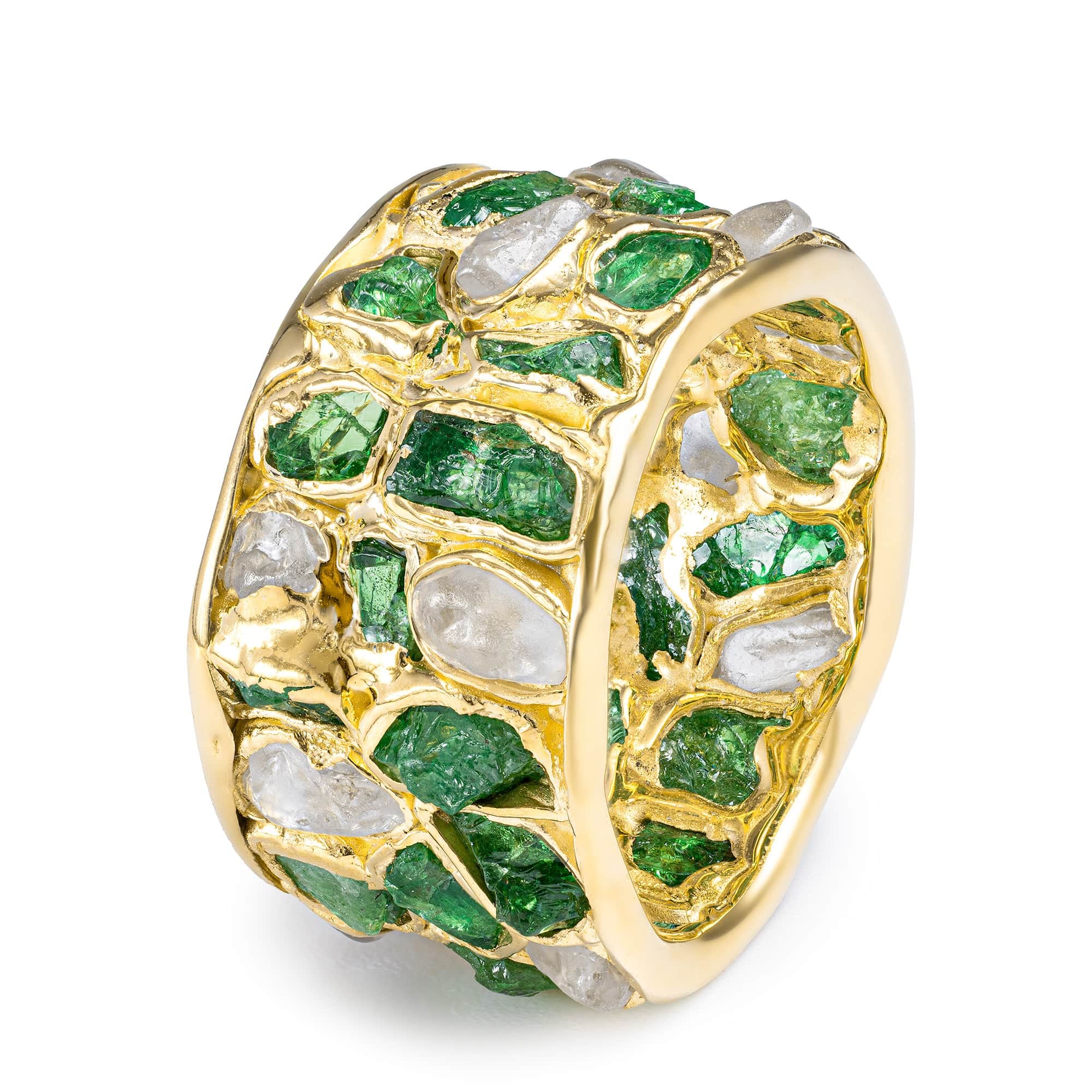 Lythara Barrel Ring with Raw Tsavorite & Natural White Zircon in 14K Gold Plated Sterling Silver