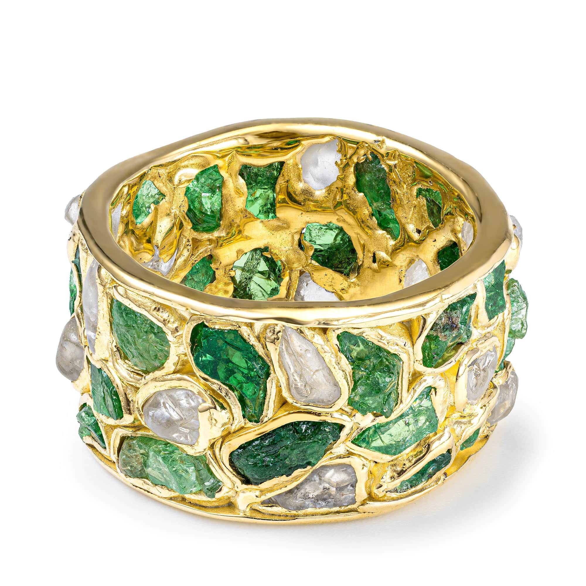 Lythara Barrel Ring with Raw Tsavorite & Natural White Zircon in 14K Gold Plated Sterling Silver