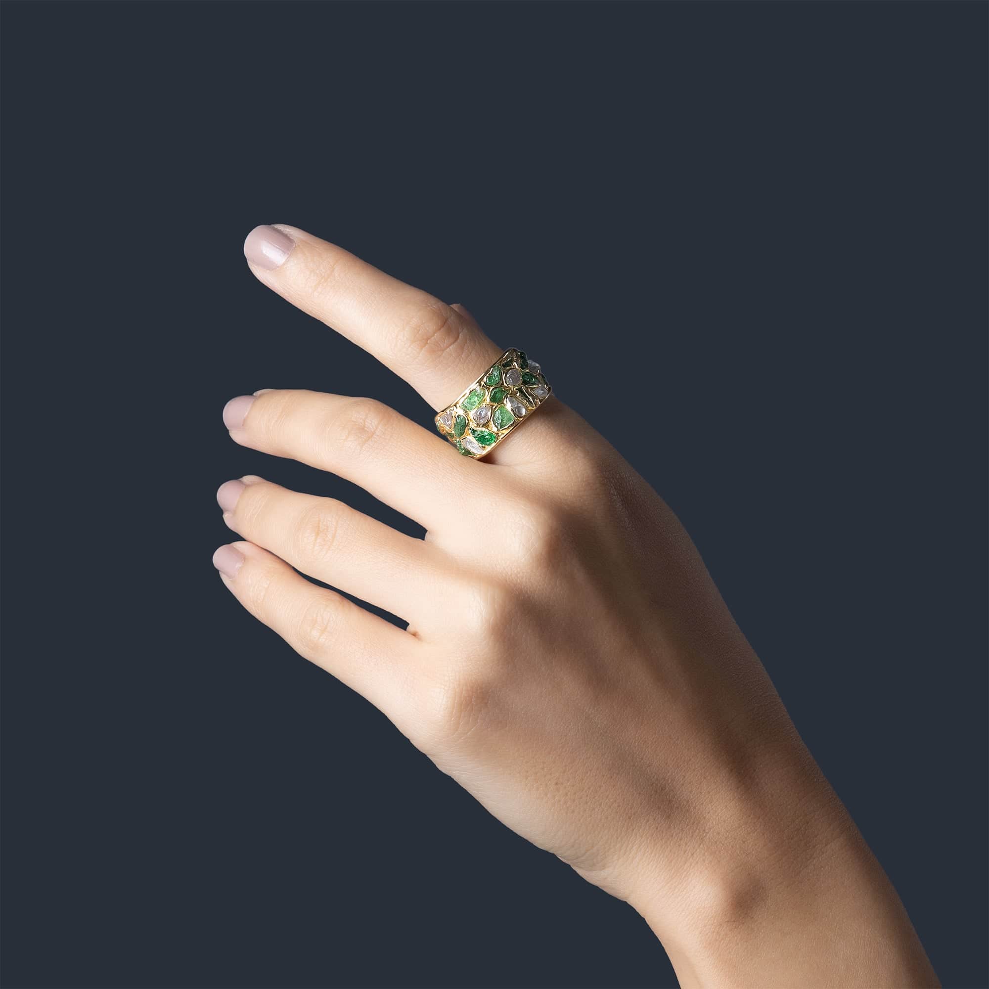Lythara Barrel Ring with Raw Tsavorite & Natural White Zircon in 14K Gold Plated Sterling Silver