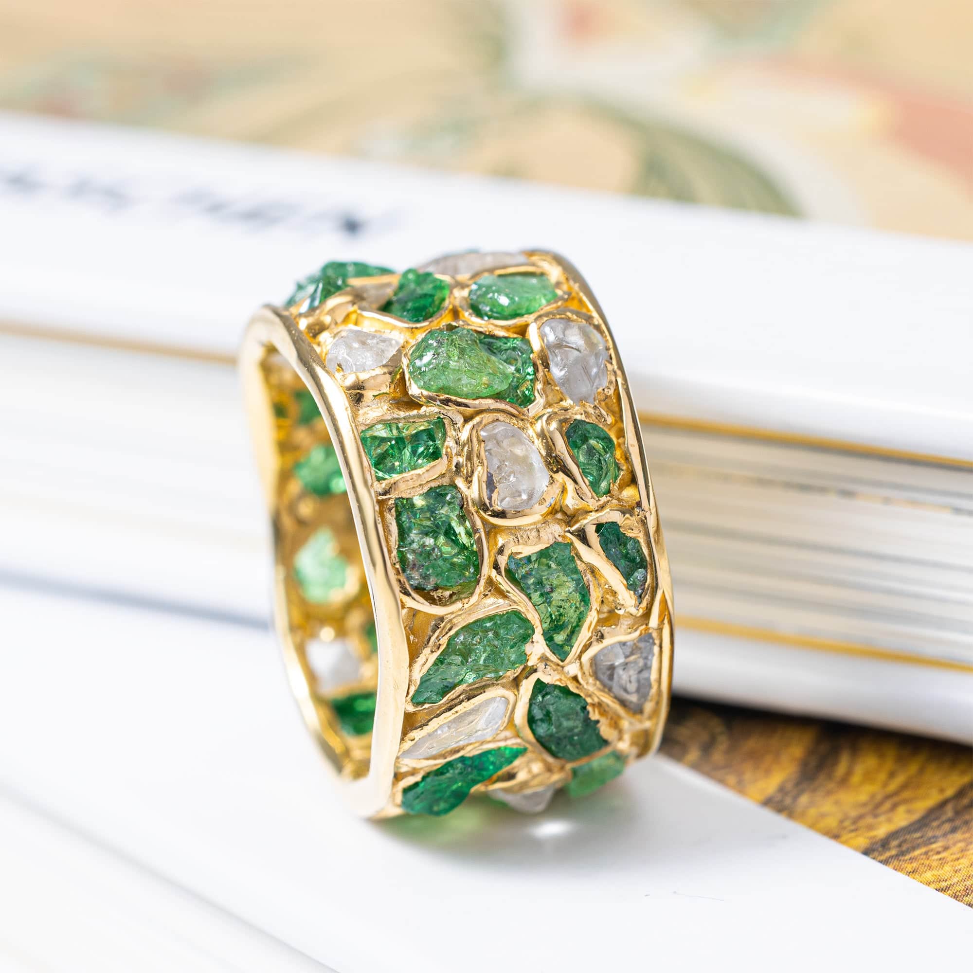 Lythara Barrel Ring with Raw Tsavorite & Natural White Zircon in 14K Gold Plated Sterling Silver