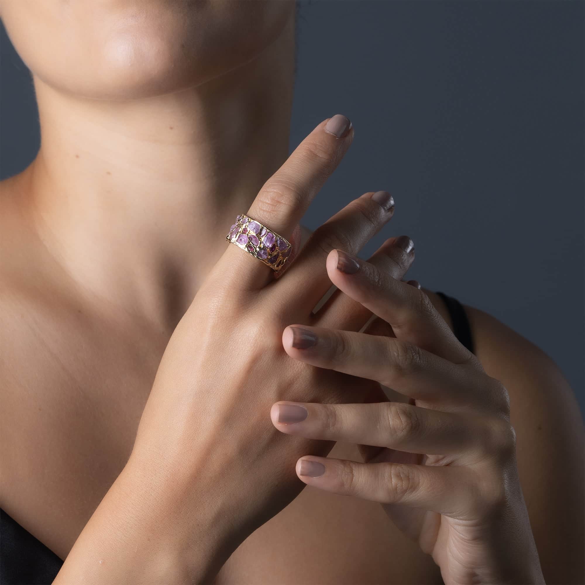 Lythara Handcrafted Barrel Ring with Raw Pink Sapphire & Ruby in 14K Gold Plated Sterling Silver