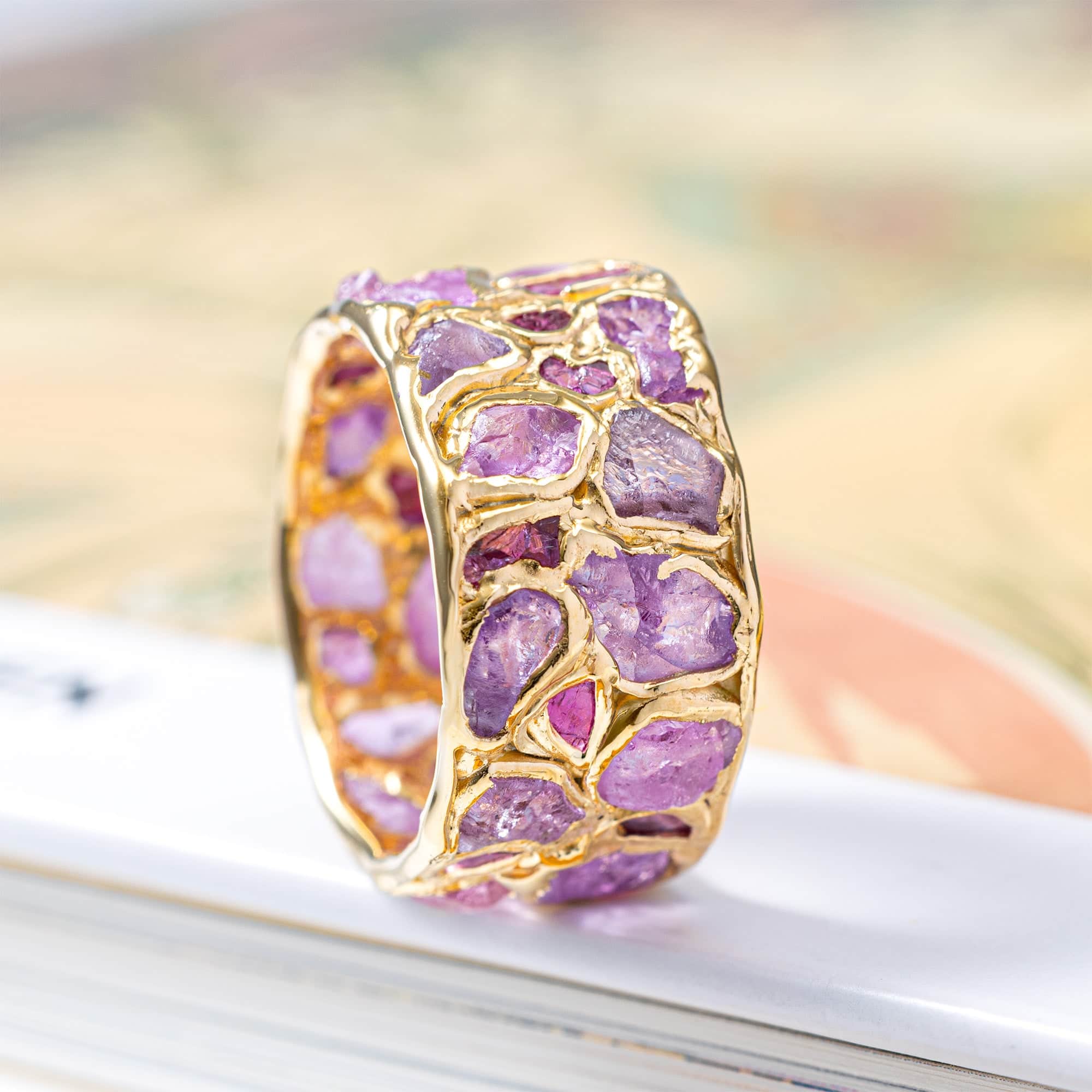 Lythara Handcrafted Barrel Ring with Raw Pink Sapphire & Ruby in 14K Gold Plated Sterling Silver