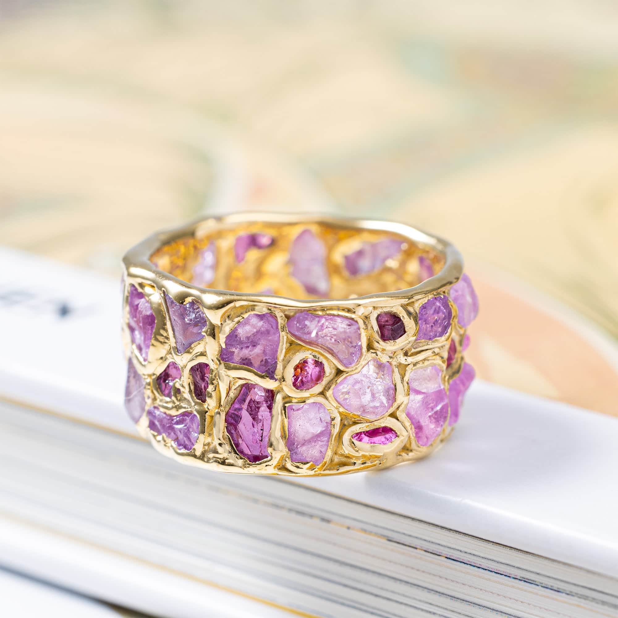 Lythara Handcrafted Barrel Ring with Raw Pink Sapphire & Ruby in 14K Gold Plated Sterling Silver