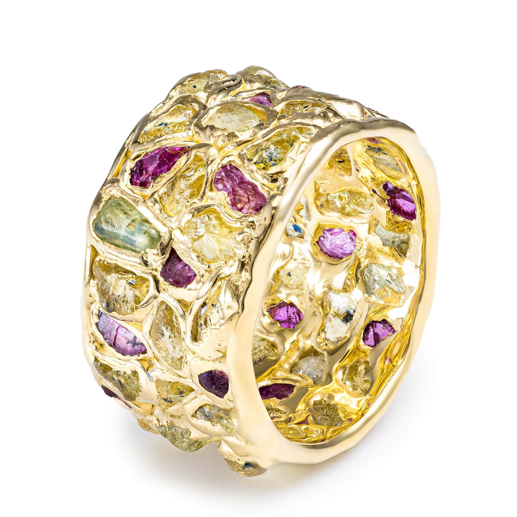 Lythara Handcrafted Barrel Ring with Raw Ruby & Yellow Sapphire in 14K Gold Plated Sterling Silver