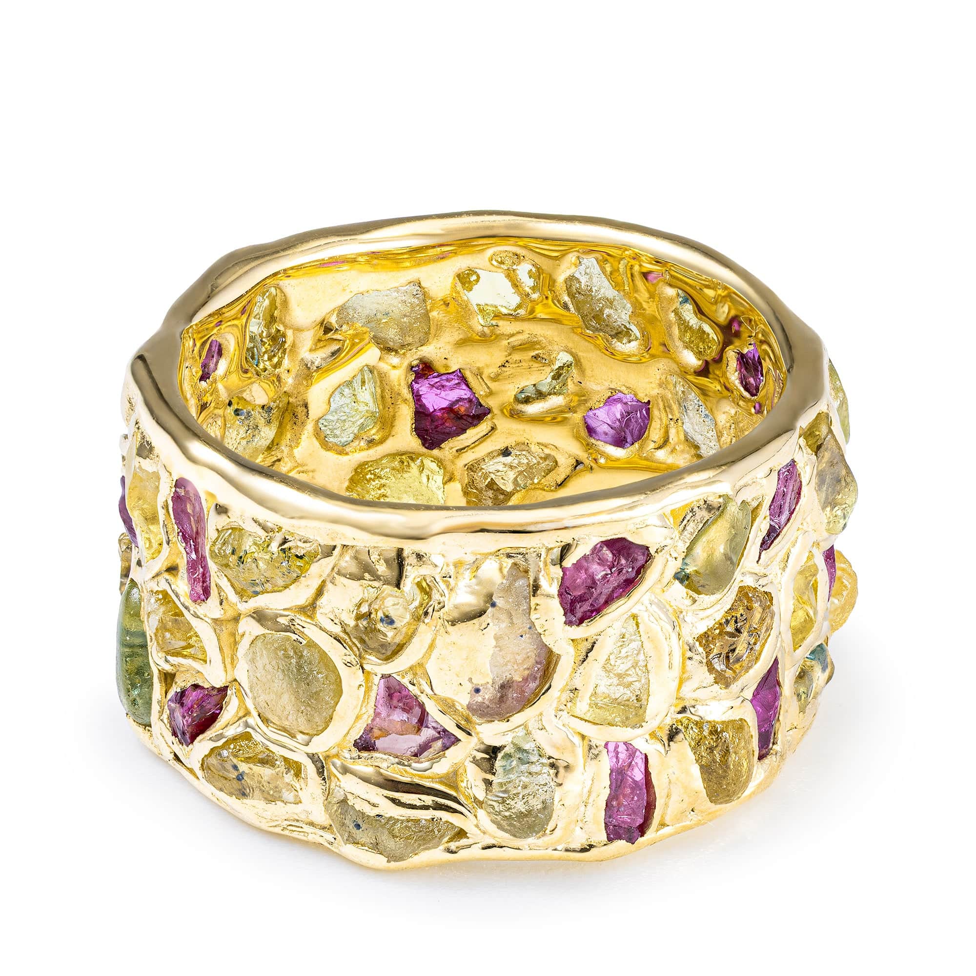 Lythara Handcrafted Barrel Ring with Raw Ruby & Yellow Sapphire in 14K Gold Plated Sterling Silver