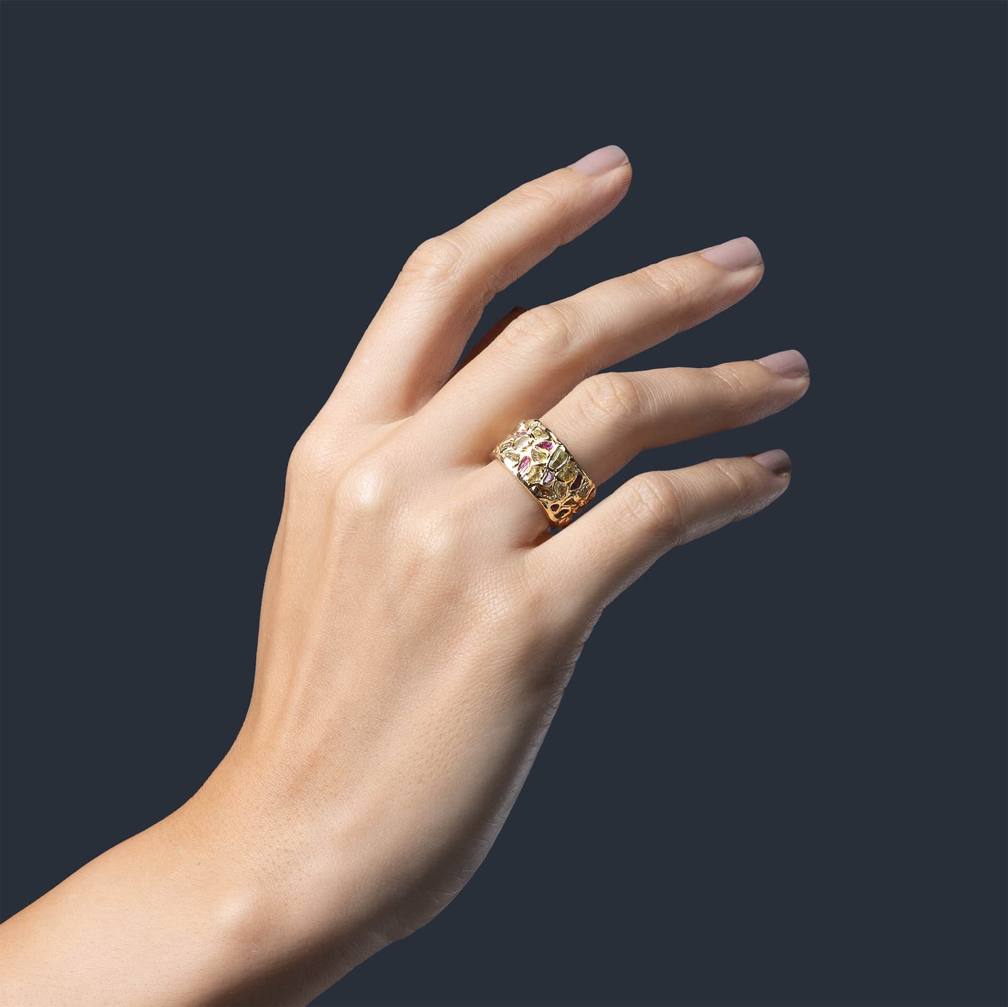 Lythara Handcrafted Barrel Ring with Raw Ruby & Yellow Sapphire in 14K Gold Plated Sterling Silver