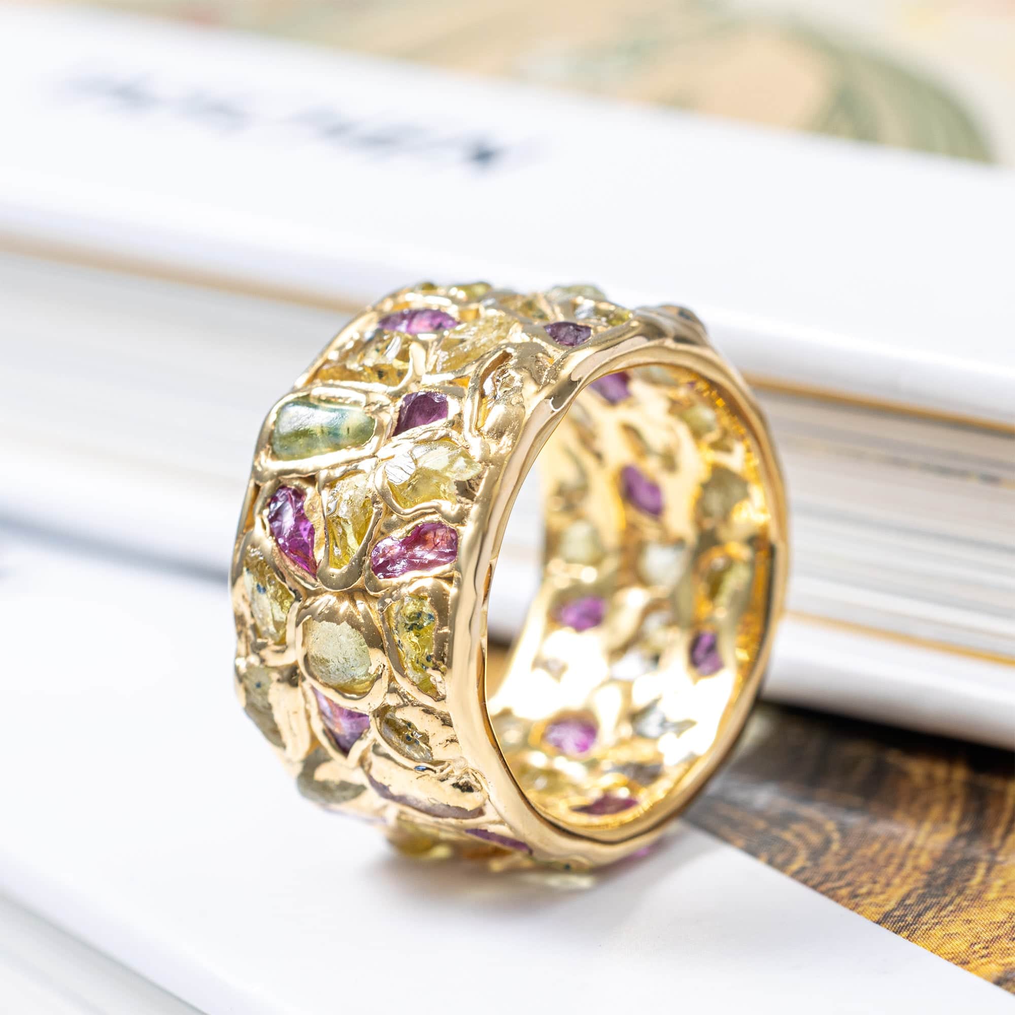 Lythara Handcrafted Barrel Ring with Raw Ruby & Yellow Sapphire in 14K Gold Plated Sterling Silver