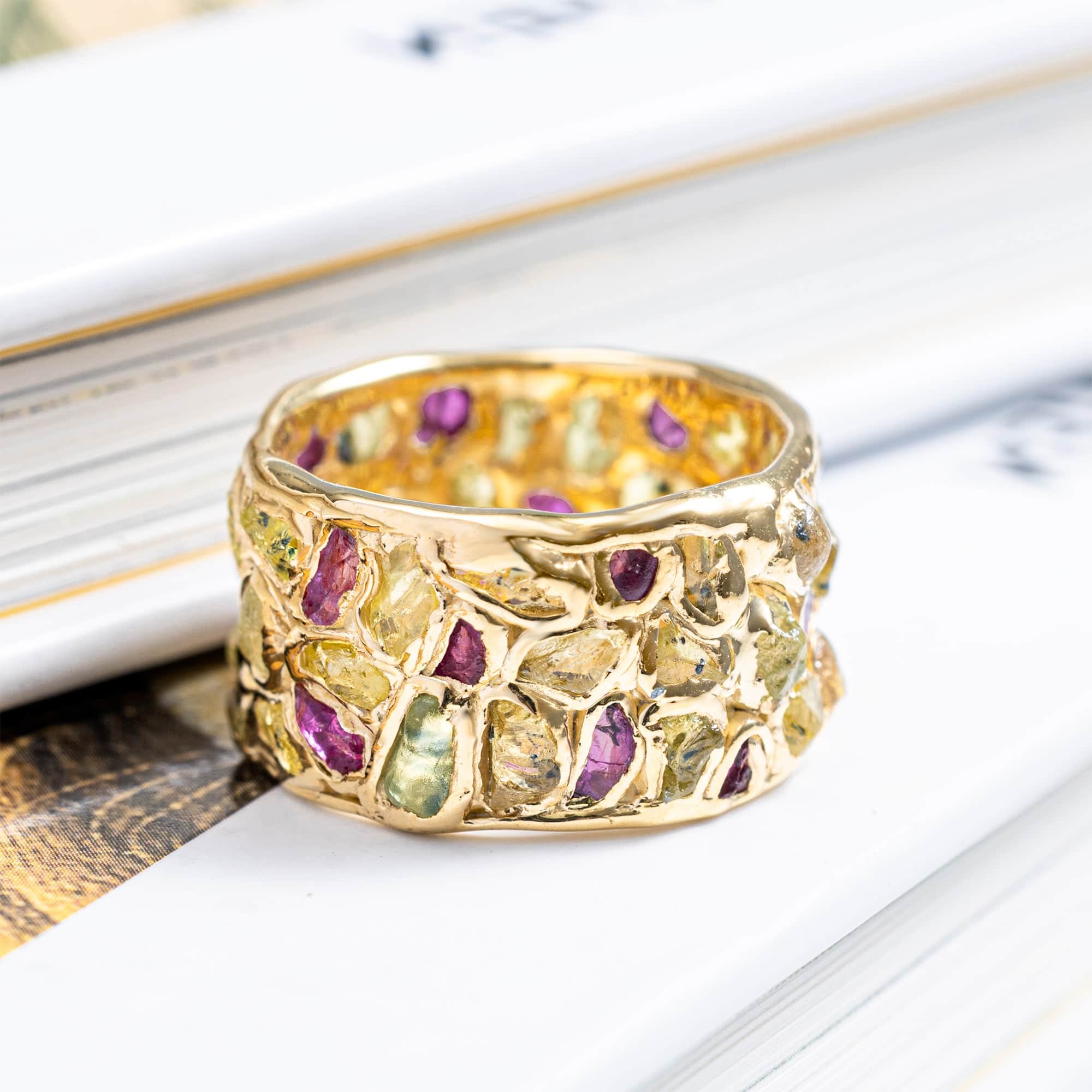 Lythara Handcrafted Barrel Ring with Raw Ruby & Yellow Sapphire in 14K Gold Plated Sterling Silver