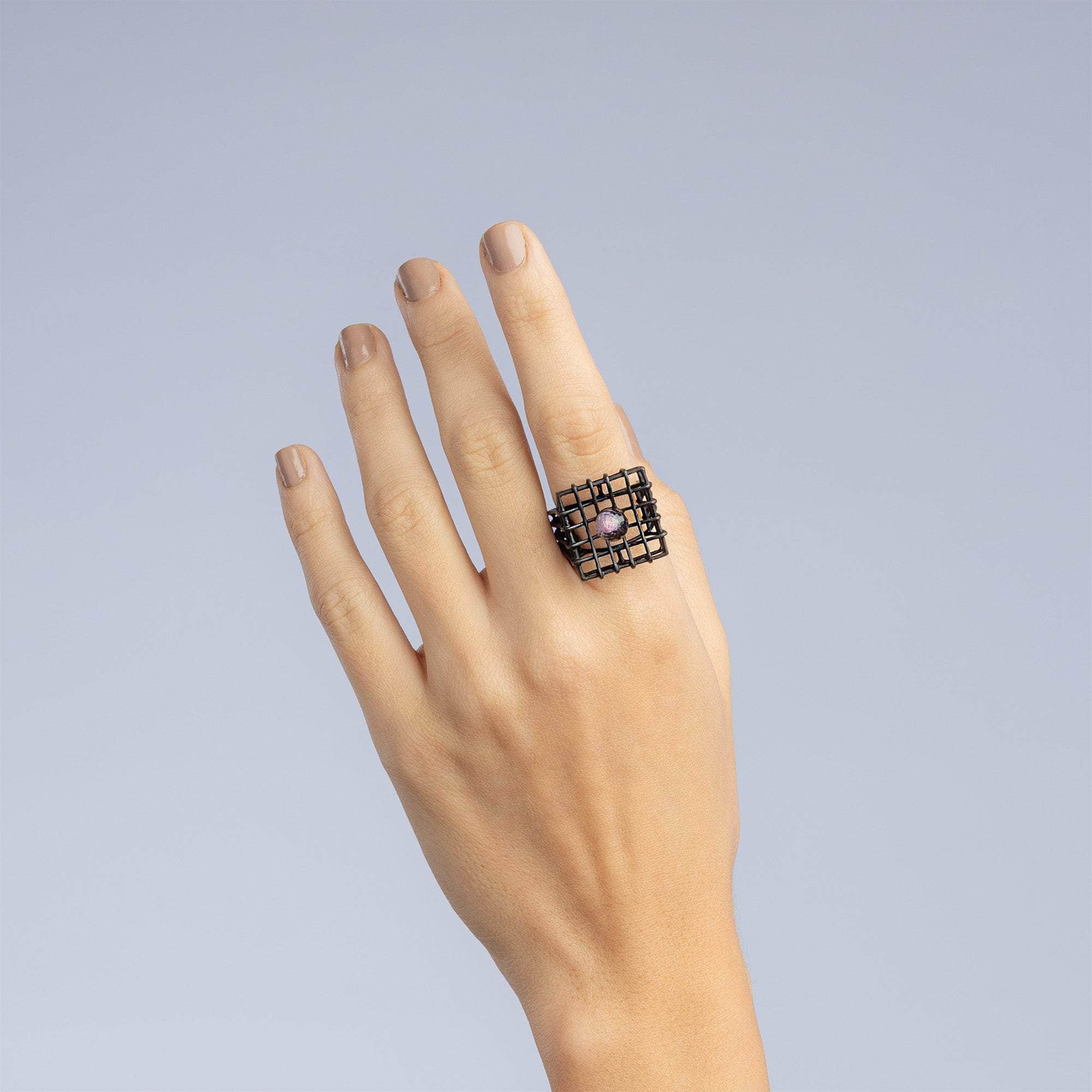Menos Contemporary Design Blackened Silver Ring with Natural Amethyst