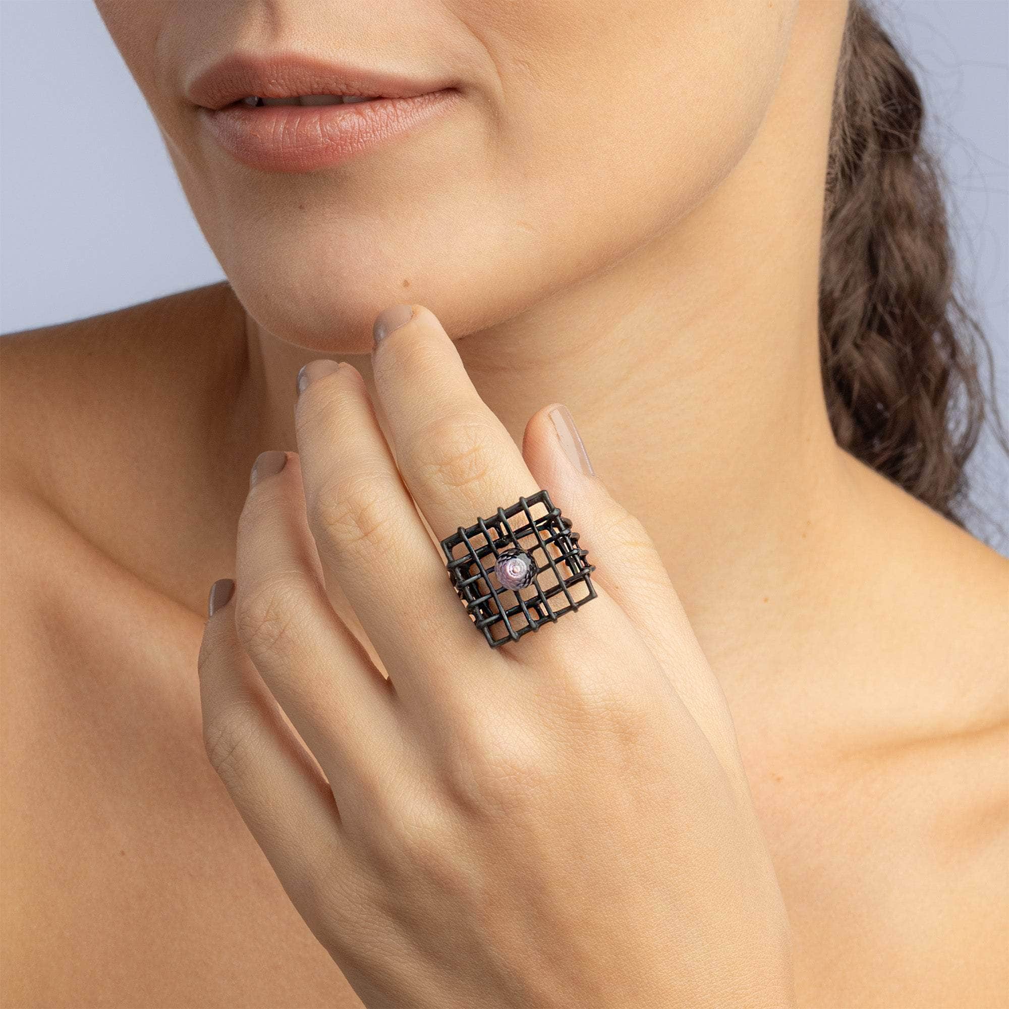 Menos Contemporary Design Blackened Silver Ring with Natural Amethyst