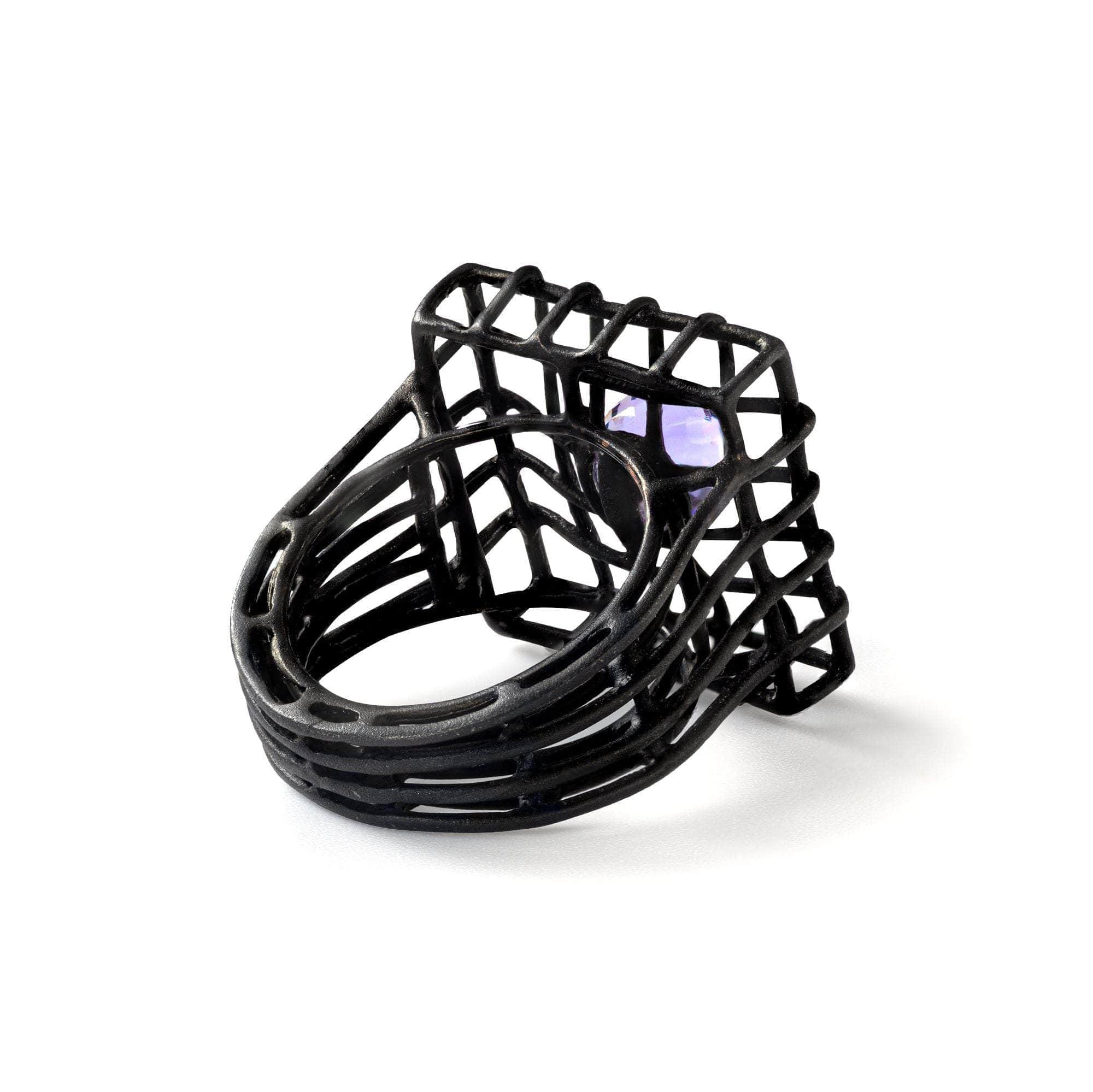 Menos Contemporary Design Blackened Silver Ring with Natural Amethyst
