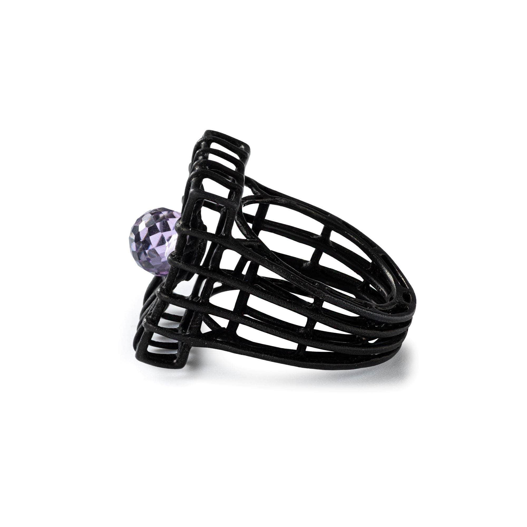 Menos Contemporary Design Blackened Silver Ring with Natural Amethyst