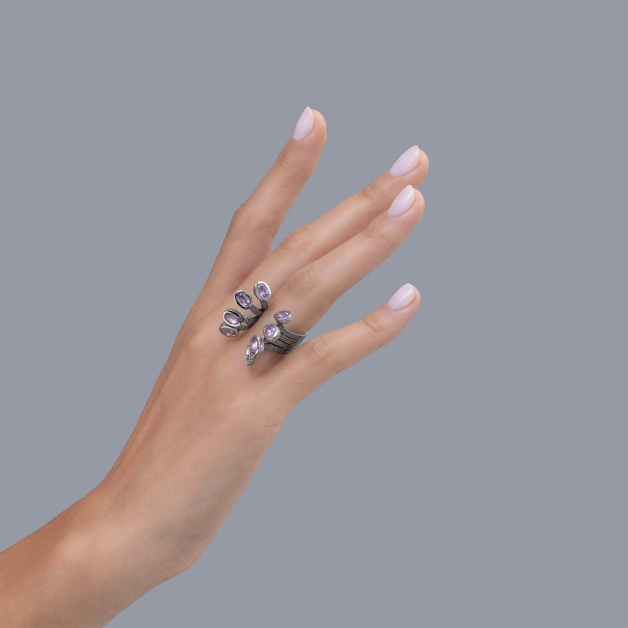 Minerva 925 Silver Statement Ring with Lucky Eight Oval Amethyst Gems