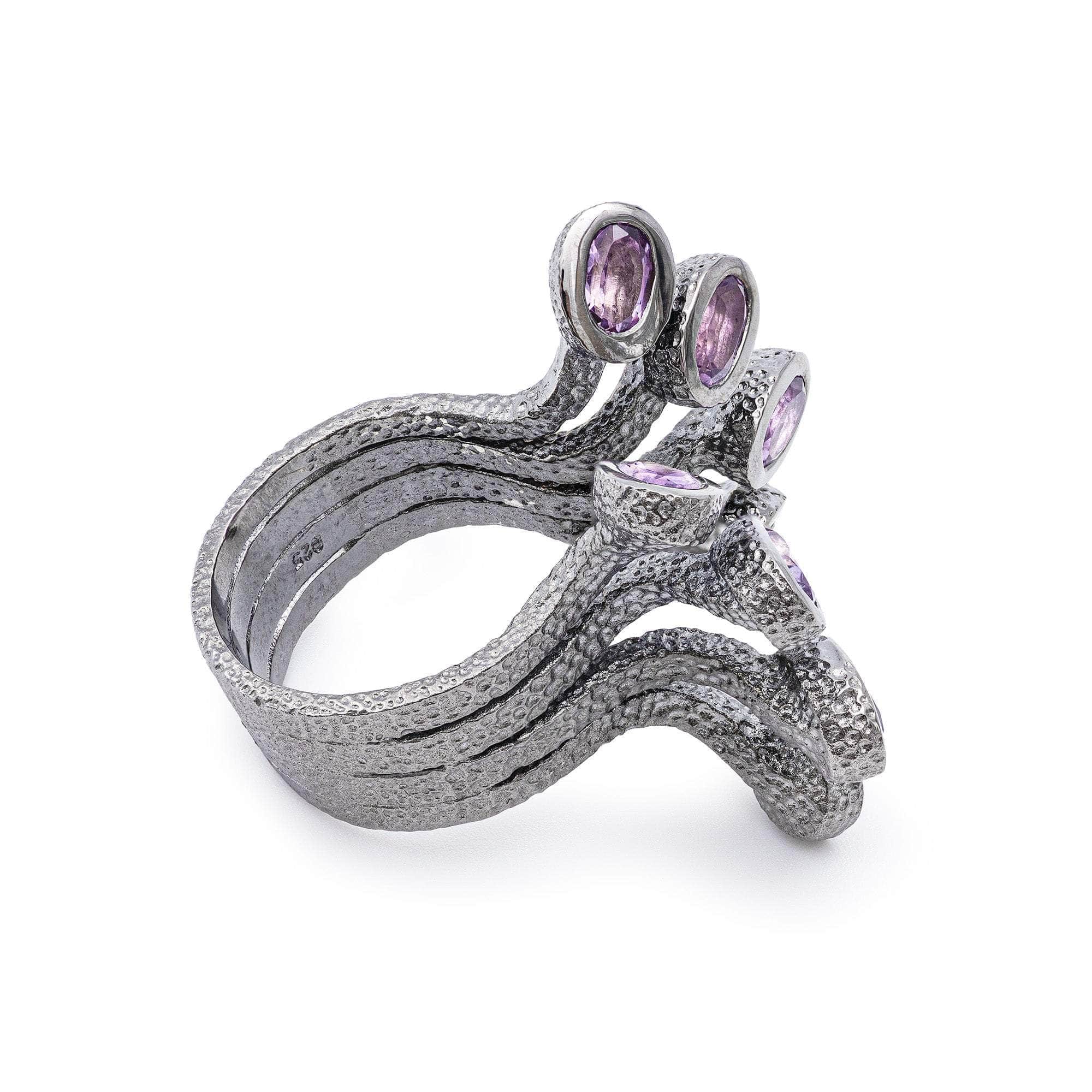 Minerva 925 Silver Statement Ring with Lucky Eight Oval Amethyst Gems