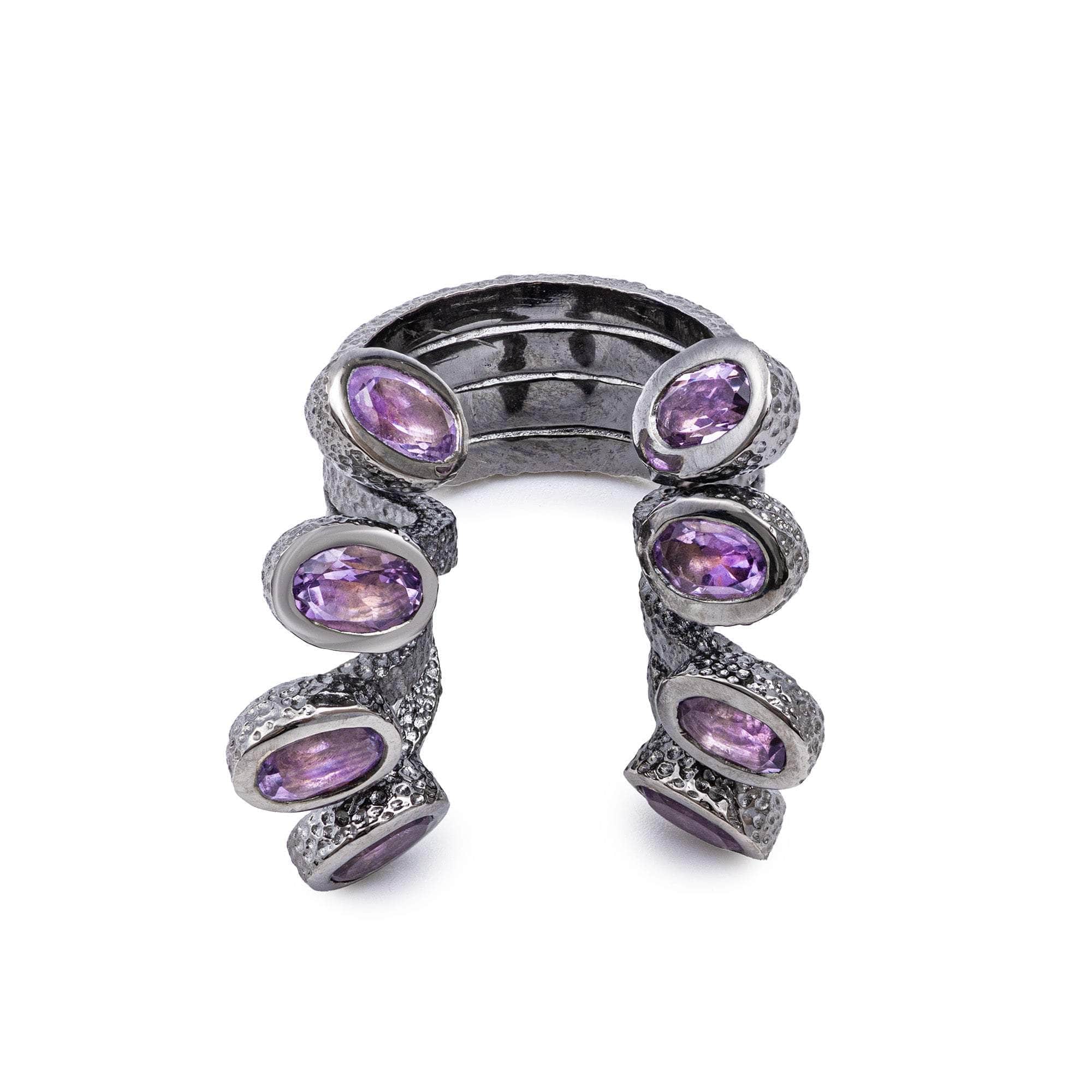 Minerva 925 Silver Statement Ring with Lucky Eight Oval Amethyst Gems