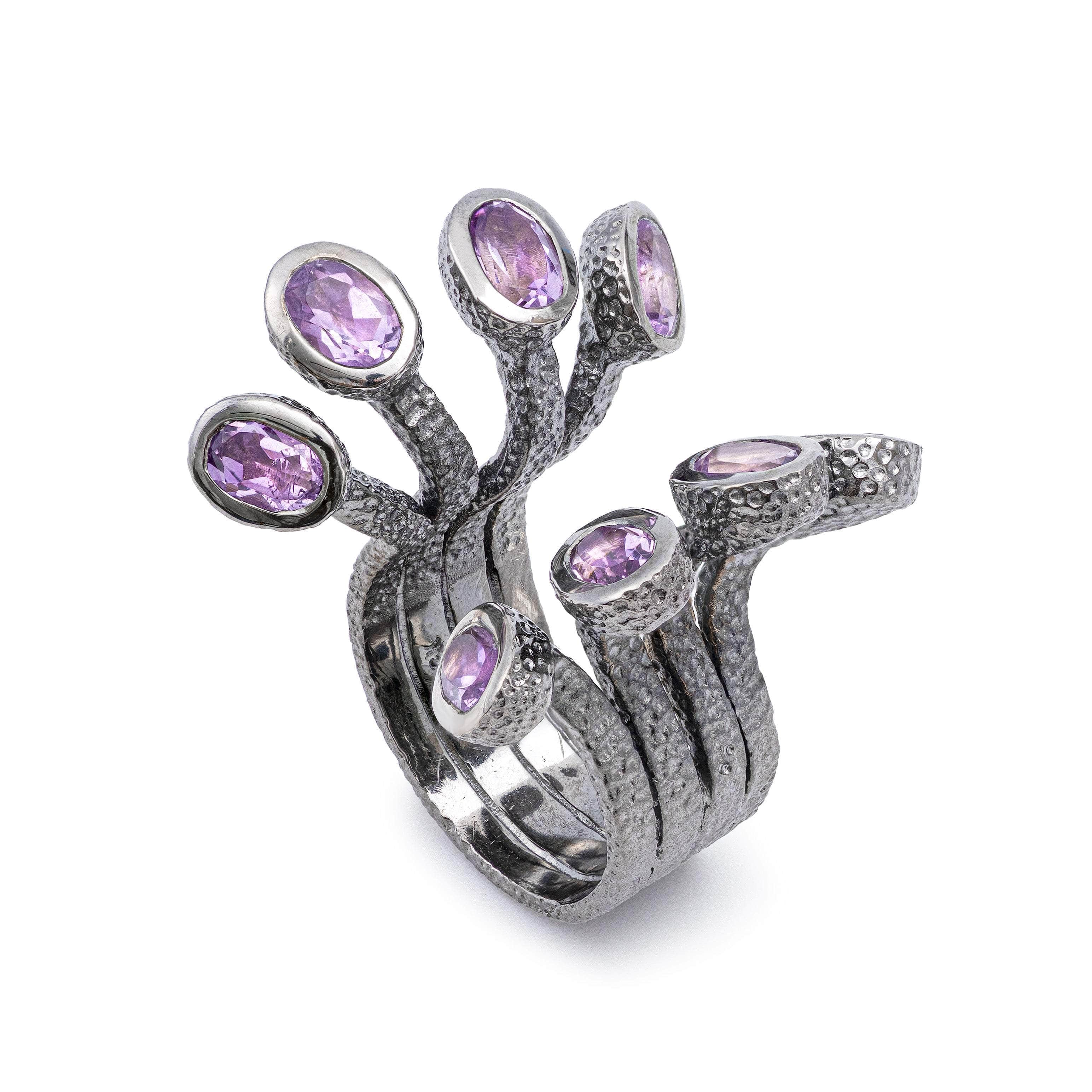 Minerva 925 Silver Statement Ring with Lucky Eight Oval Amethyst Gems