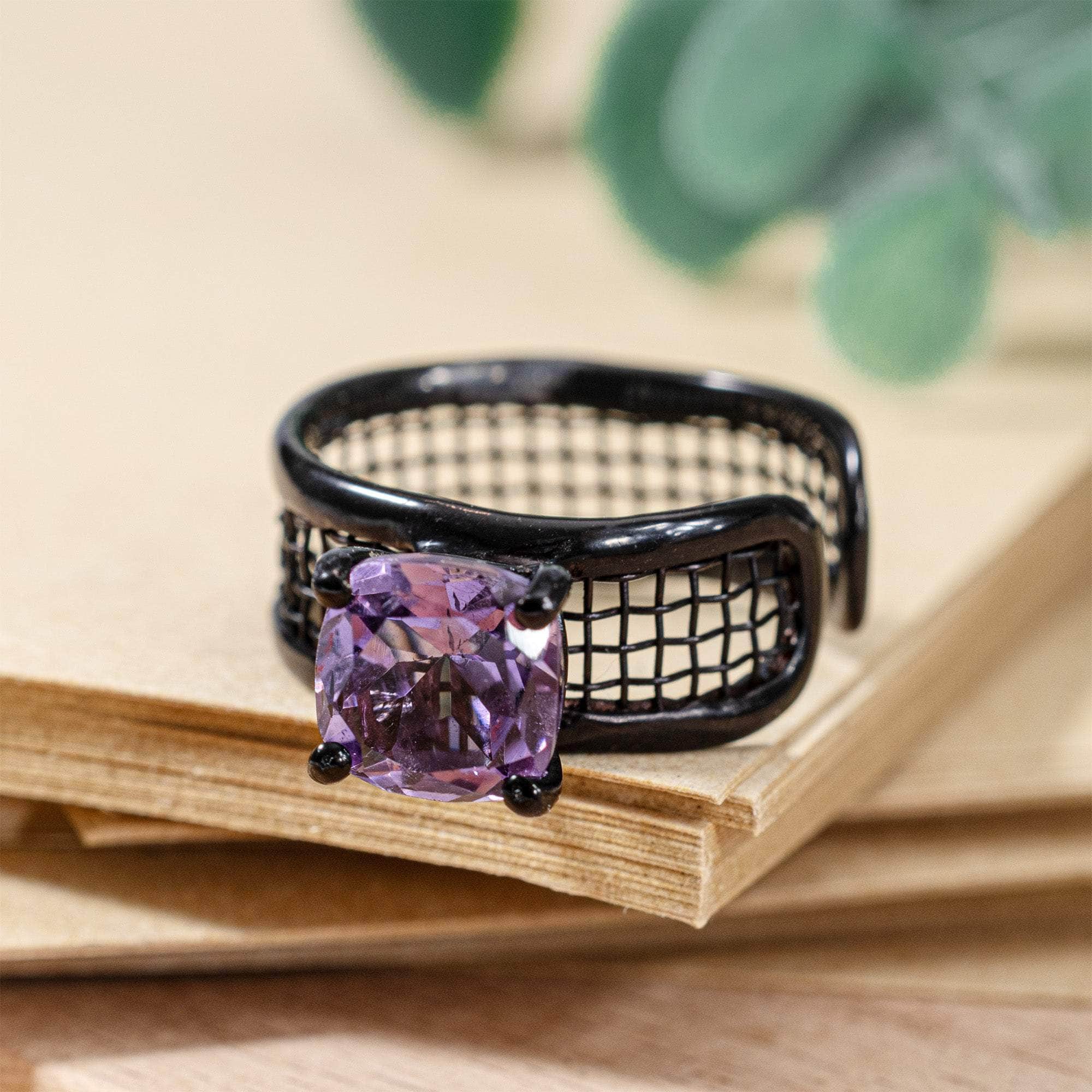 Mistral Open Band Ring with Amethyst in Anthracite Plated Silver and Titanium Mesh Modern Design