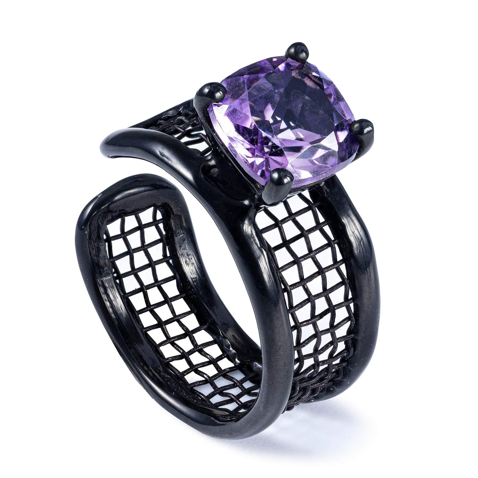 Mistral Open Band Ring with Amethyst in Anthracite Plated Silver and Titanium Mesh Modern Design