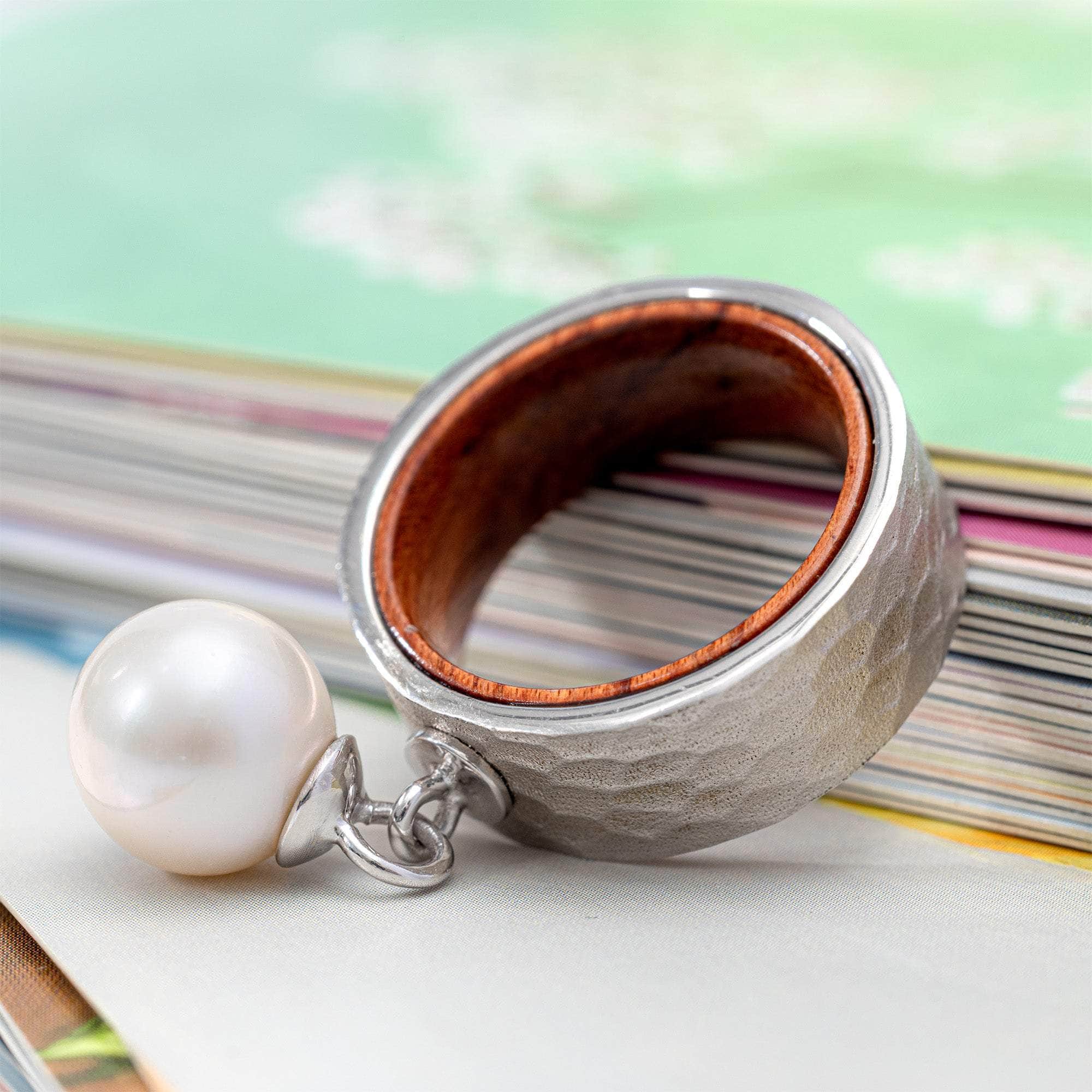 Naia Textured Silver & Rosewood Ring with Suspended Freshwater Pearl