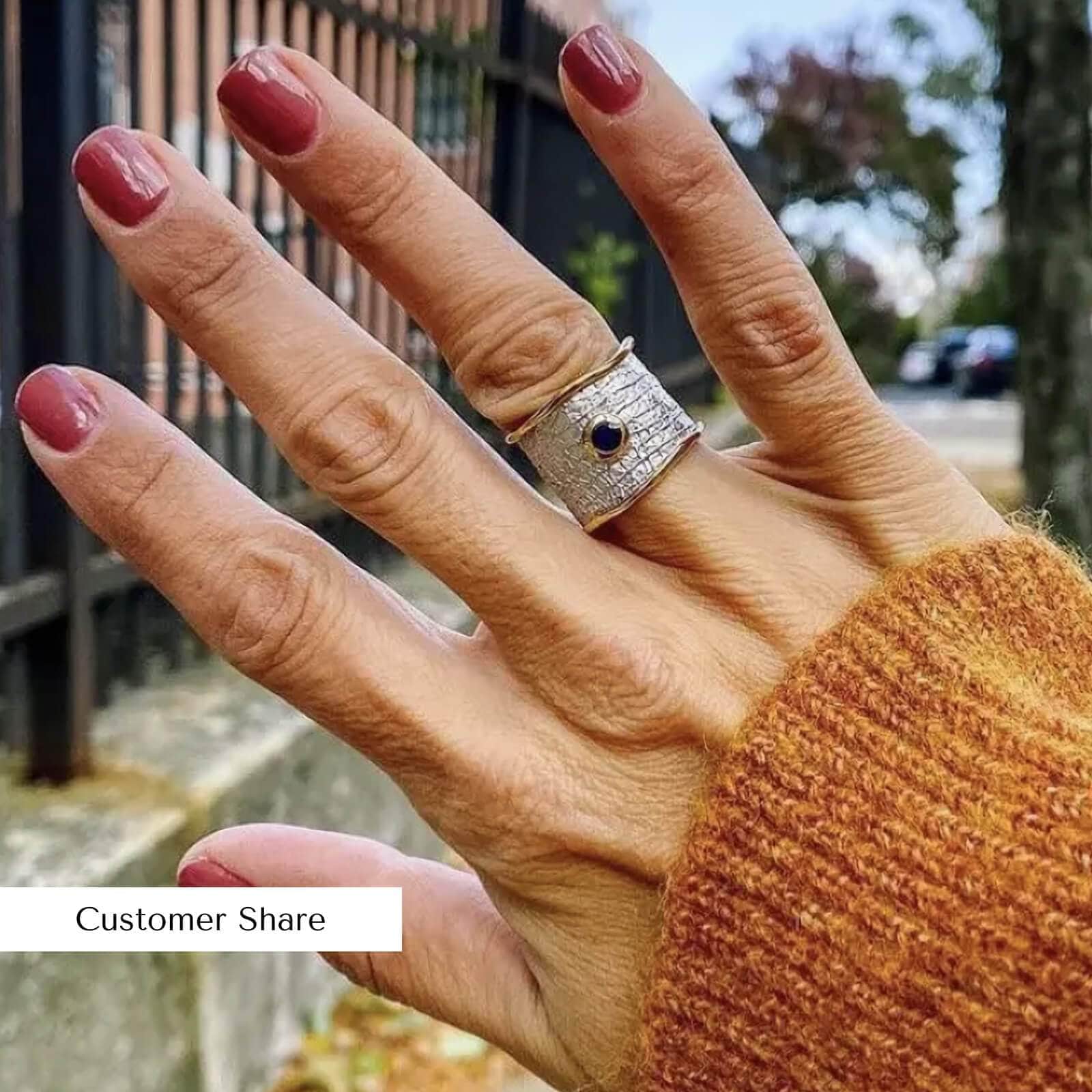 Nedrila Iconic Design Blues Sapphire Textured Silver Ring in White Rhodium and 18K Gold