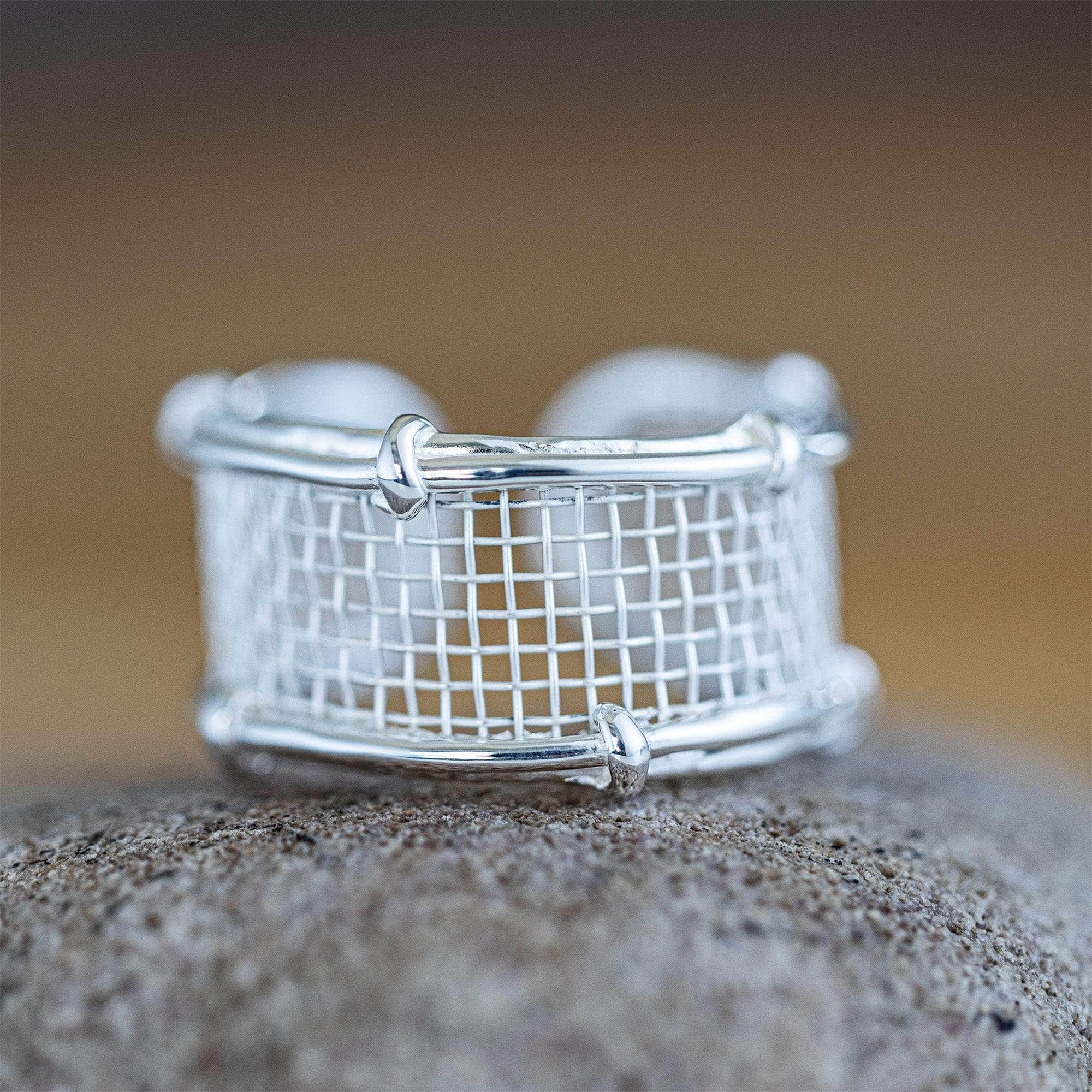 Netta Minimalist 925 Silver & Titanium Mesh Adjustable Open Band Ring