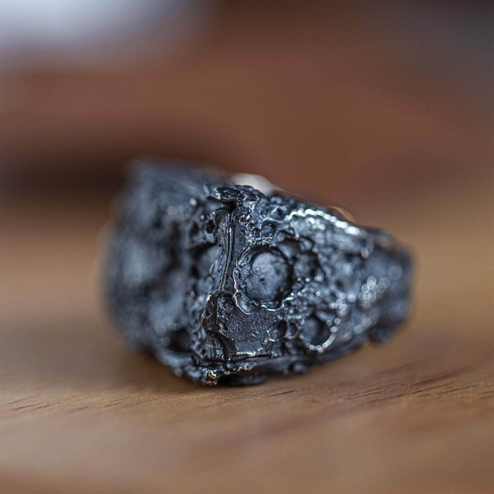 Obsidian Hand-Forged Silver Ring with Organic, Elemental Texture