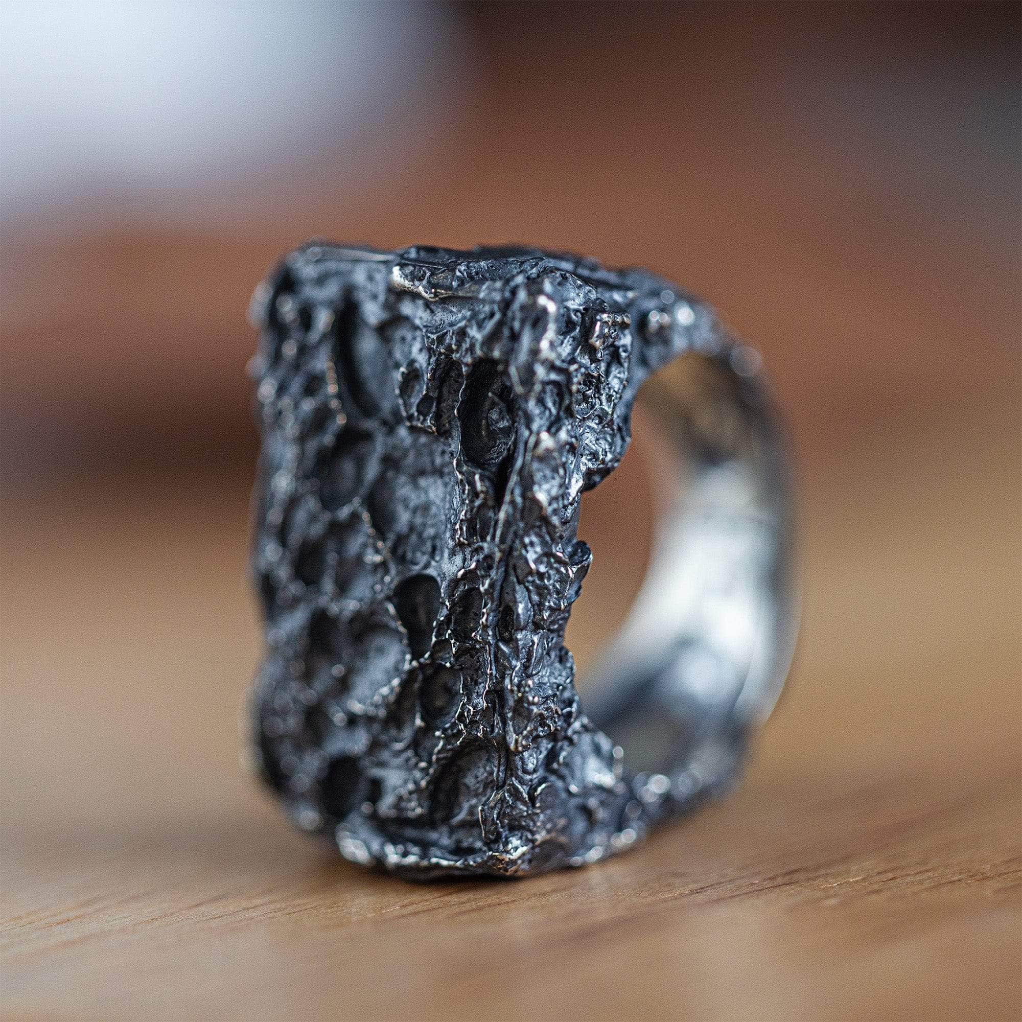 Obsidian Hand-Forged Silver Ring with Organic, Elemental Texture