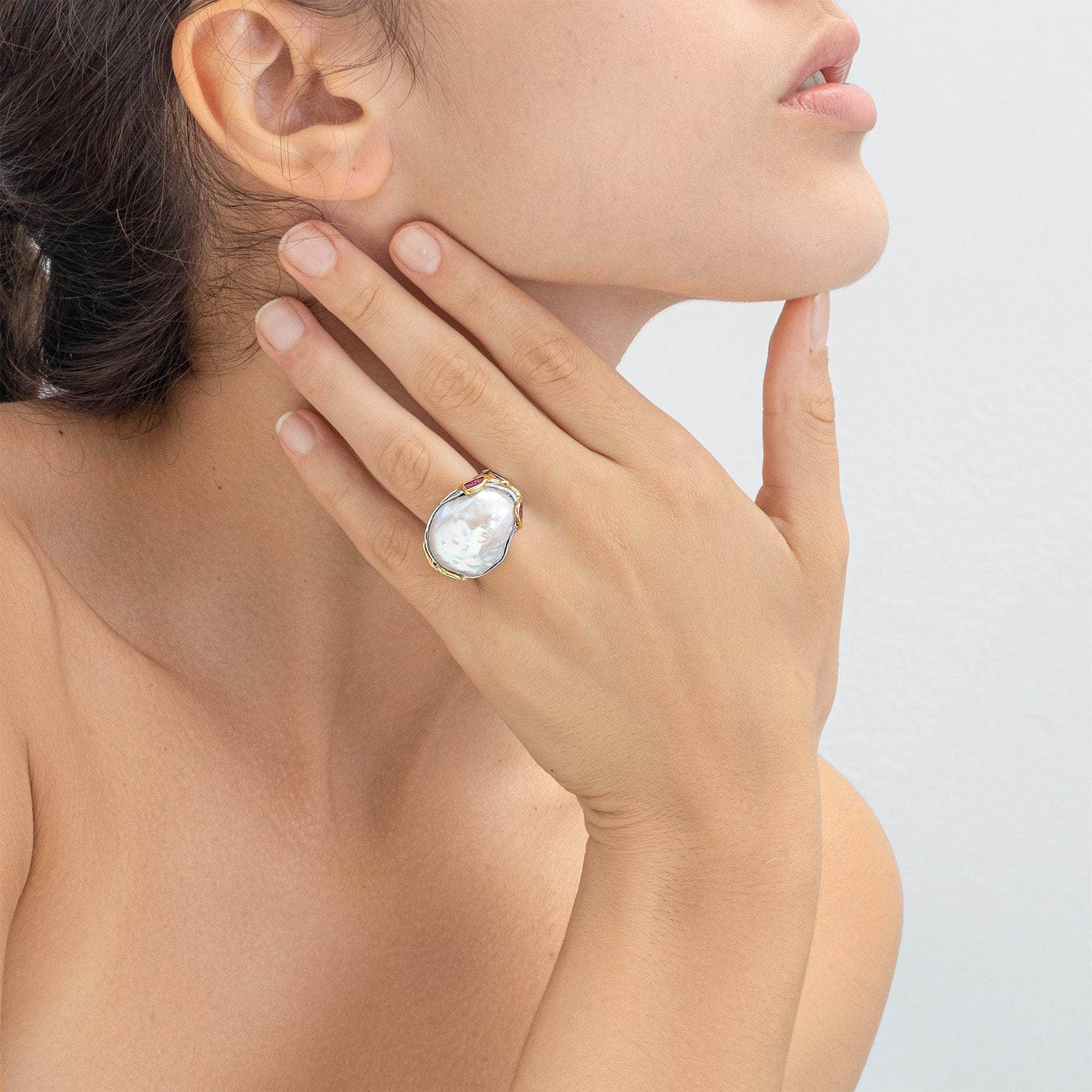 Ono Baroque Pearl and Rough Ruby Ring (White Rhodium and 18K Gold)