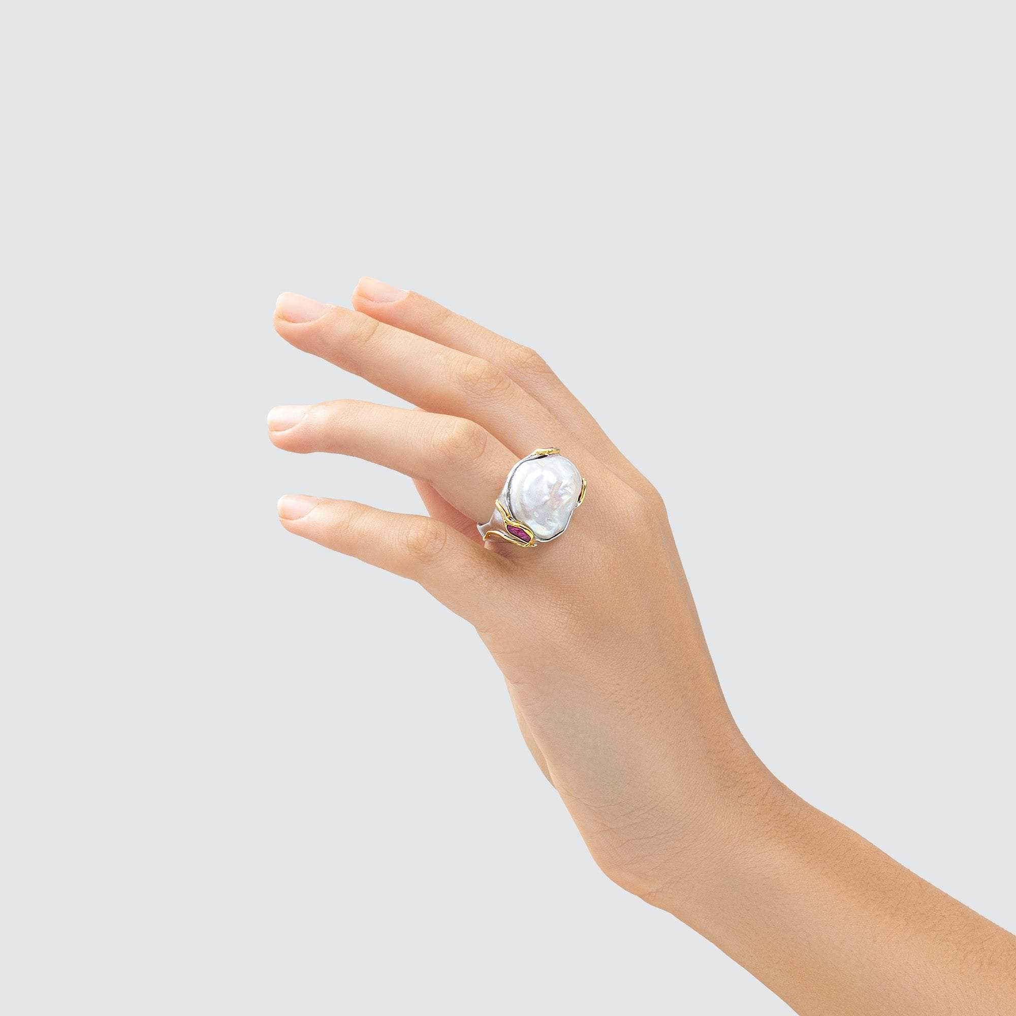 Ono Baroque Pearl and Rough Ruby Ring (White Rhodium and 18K Gold)