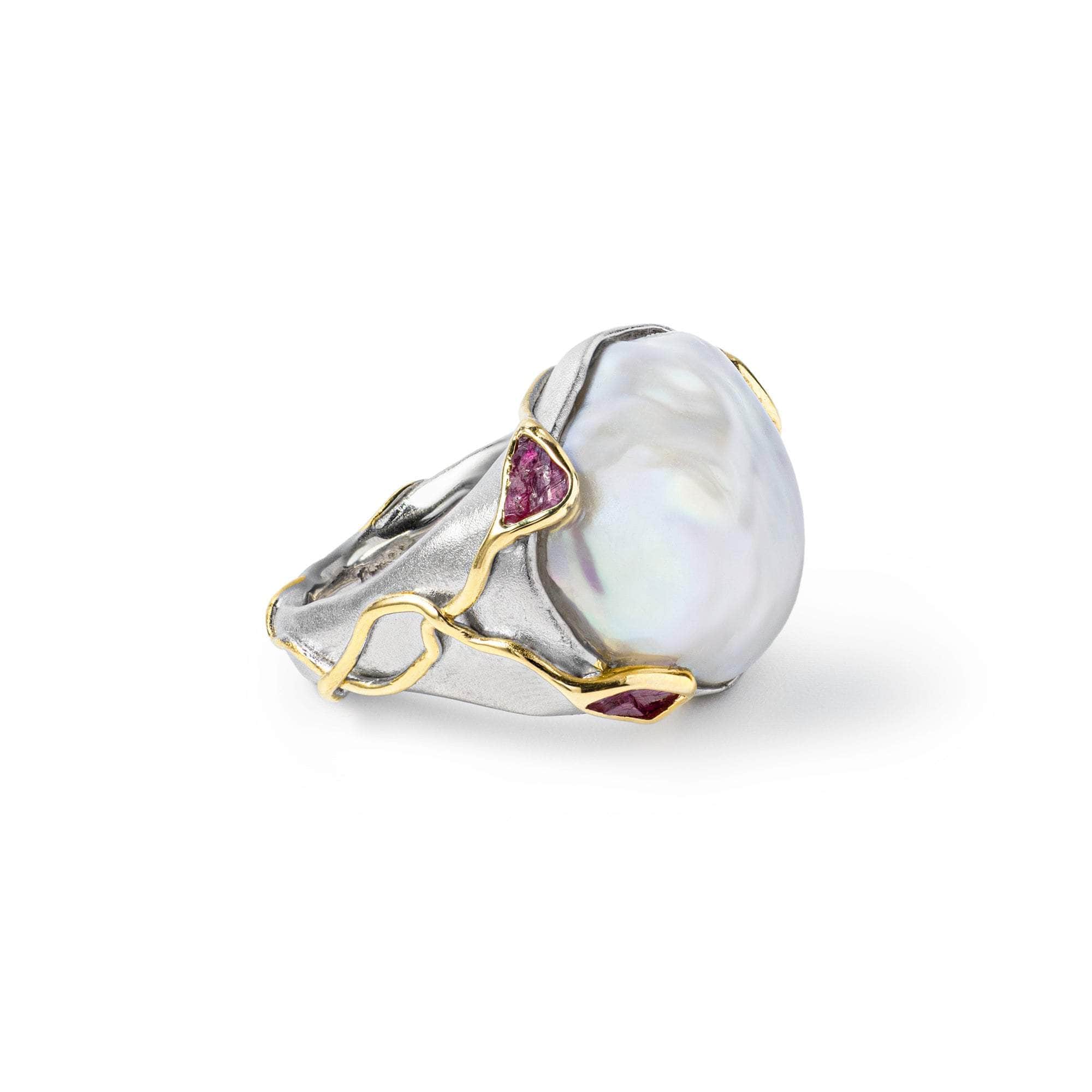 Ono Baroque Pearl and Rough Ruby Ring (White Rhodium and 18K Gold)
