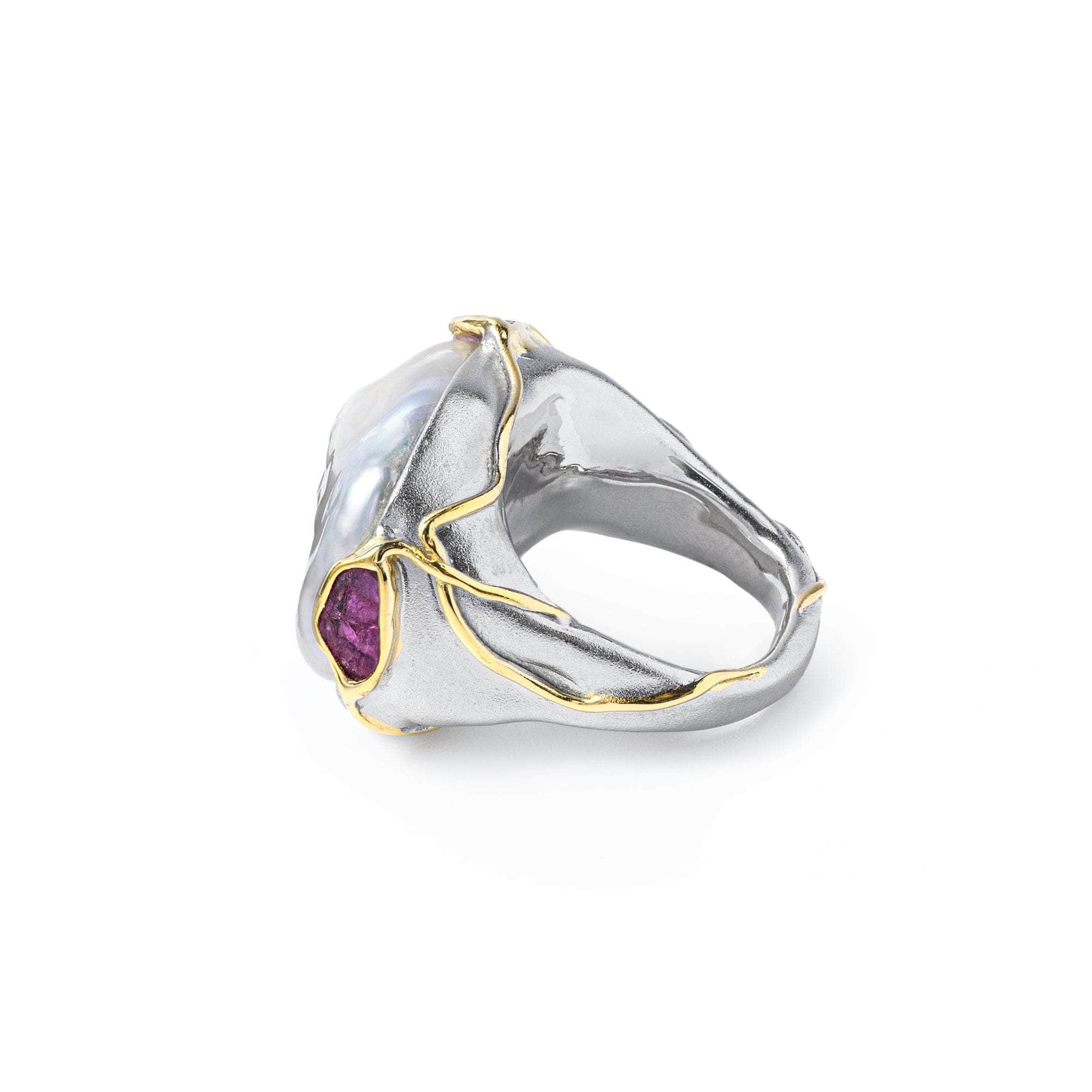 Ono Baroque Pearl and Rough Ruby Ring (White Rhodium and 18K Gold)