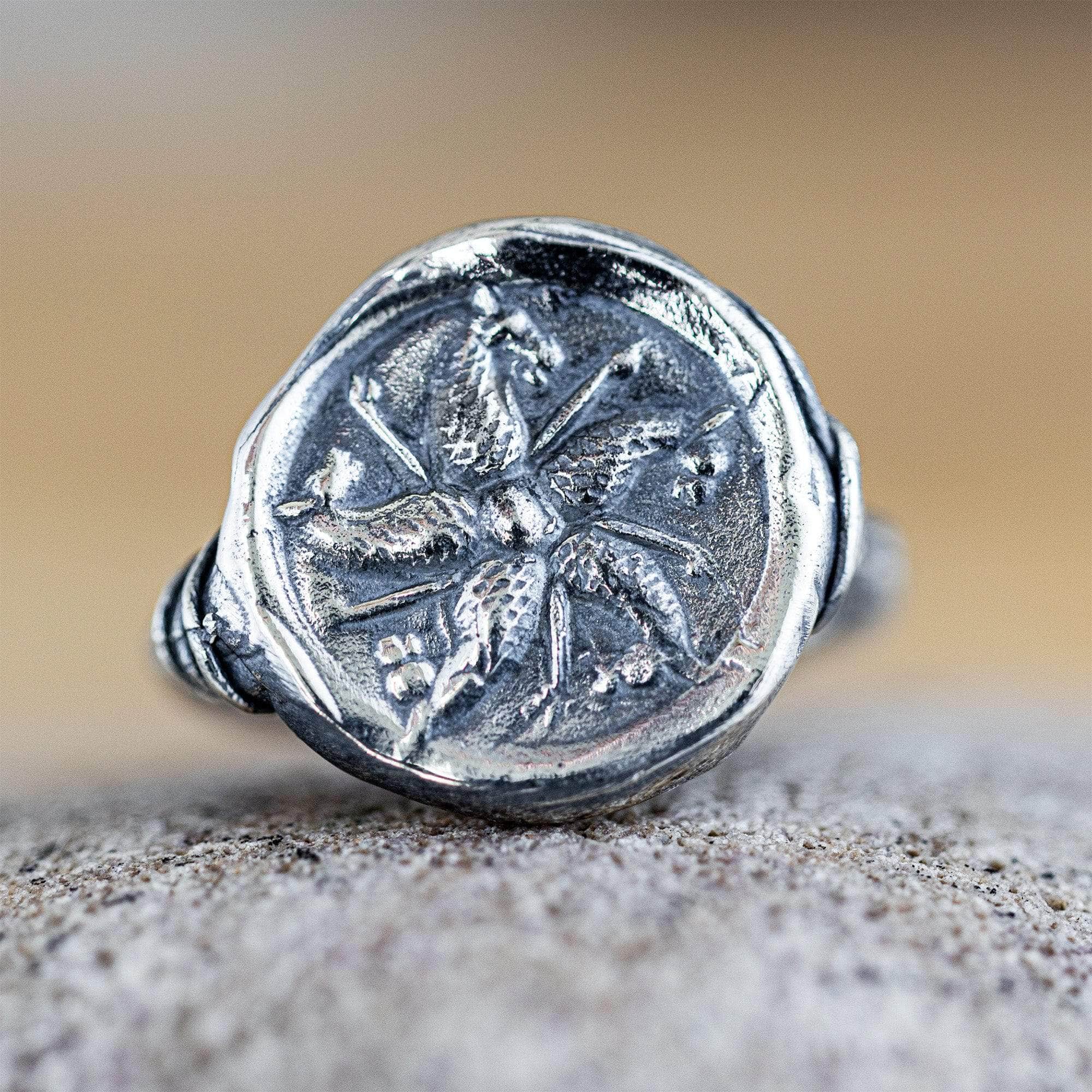 Oxidized 925 Silver Ring with Ancient Five Horses Seal Engraving