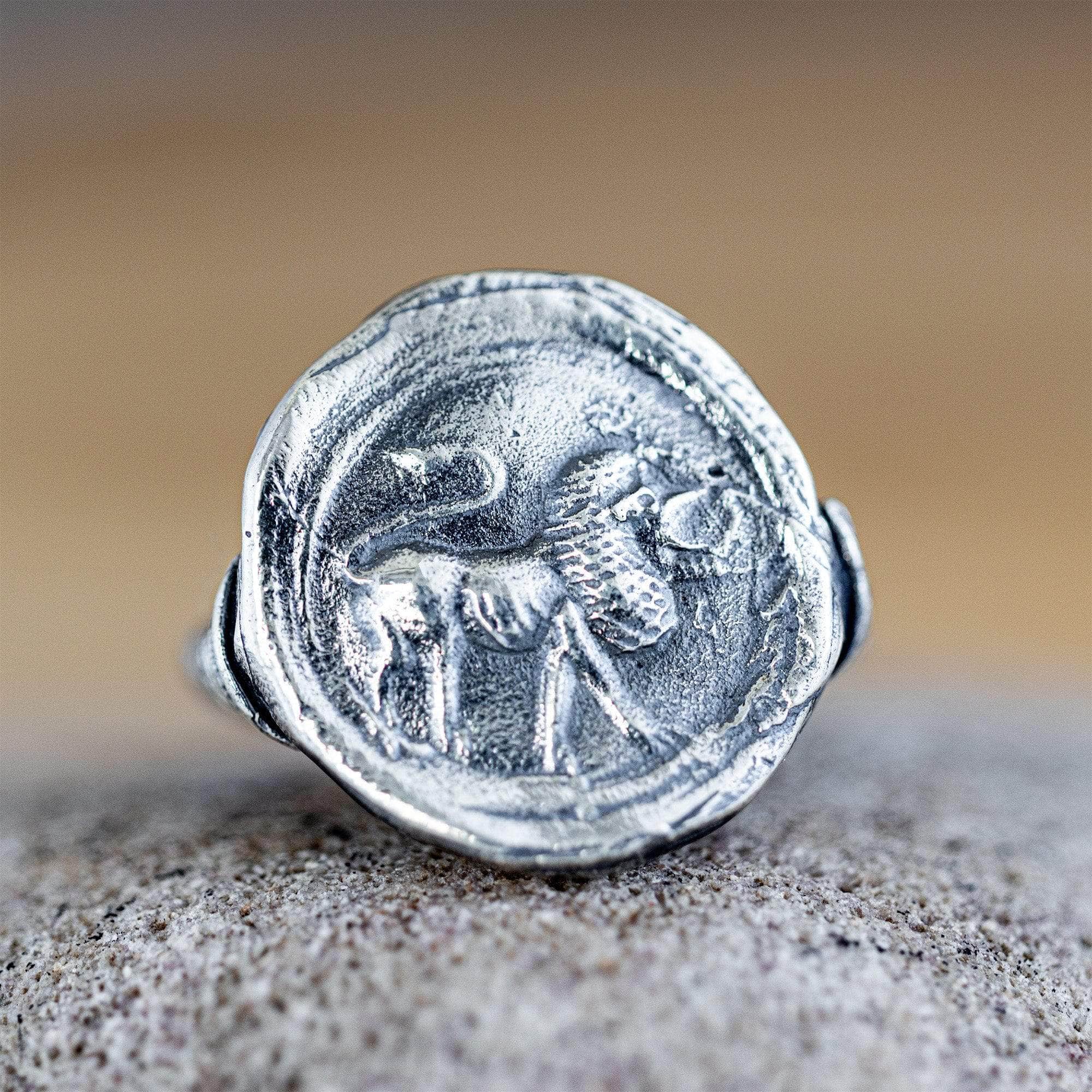 Oxidized 925 Silver Ring with Ancient Lion Seal Engraving