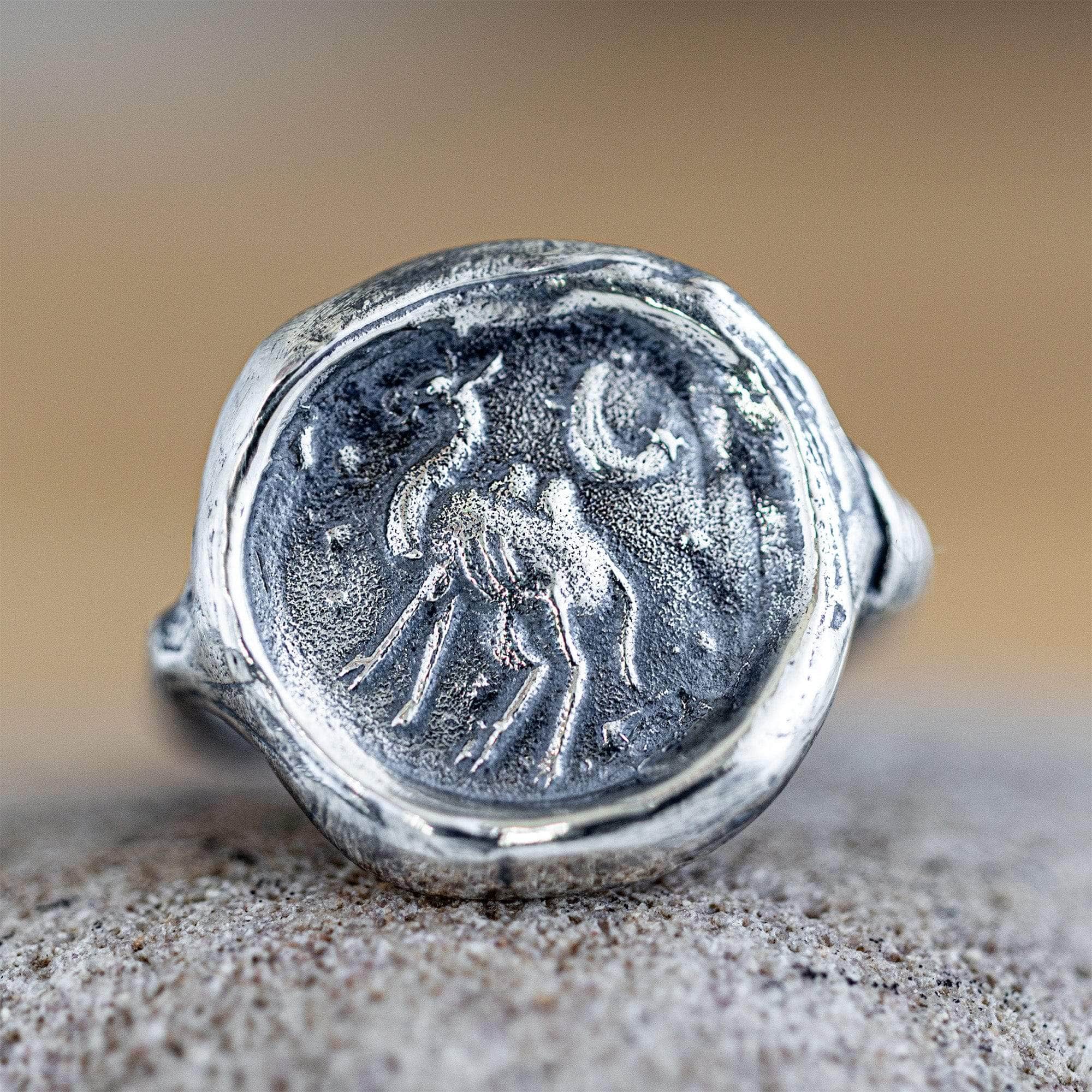 Oxidized 925 Silver Ring with Ancient Moonlit Camel Seal Engraving