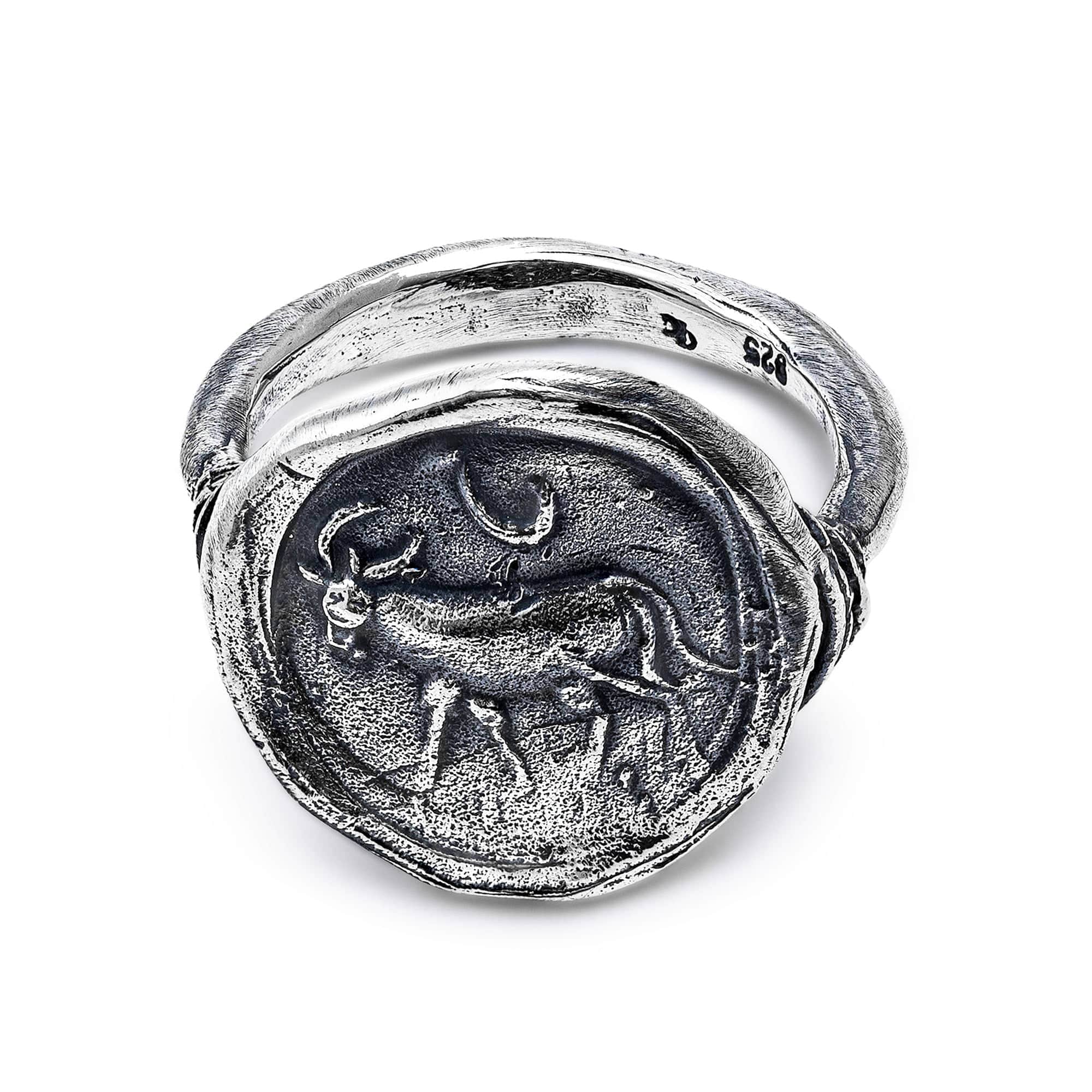 Oxidized 925 Silver Ring with Ancient Ox Seal Engraving