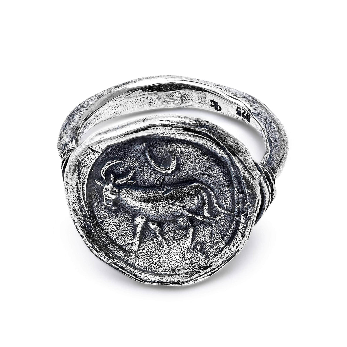 Oxidized 925 Silver Ring with Ancient Ox Seal Engraving | 925 