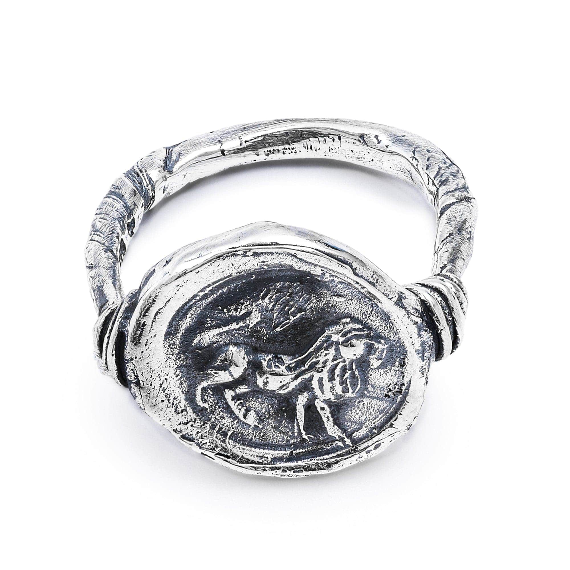 Oxidized 925 Silver Ring with Ancient Regal Lion Seal Engraving