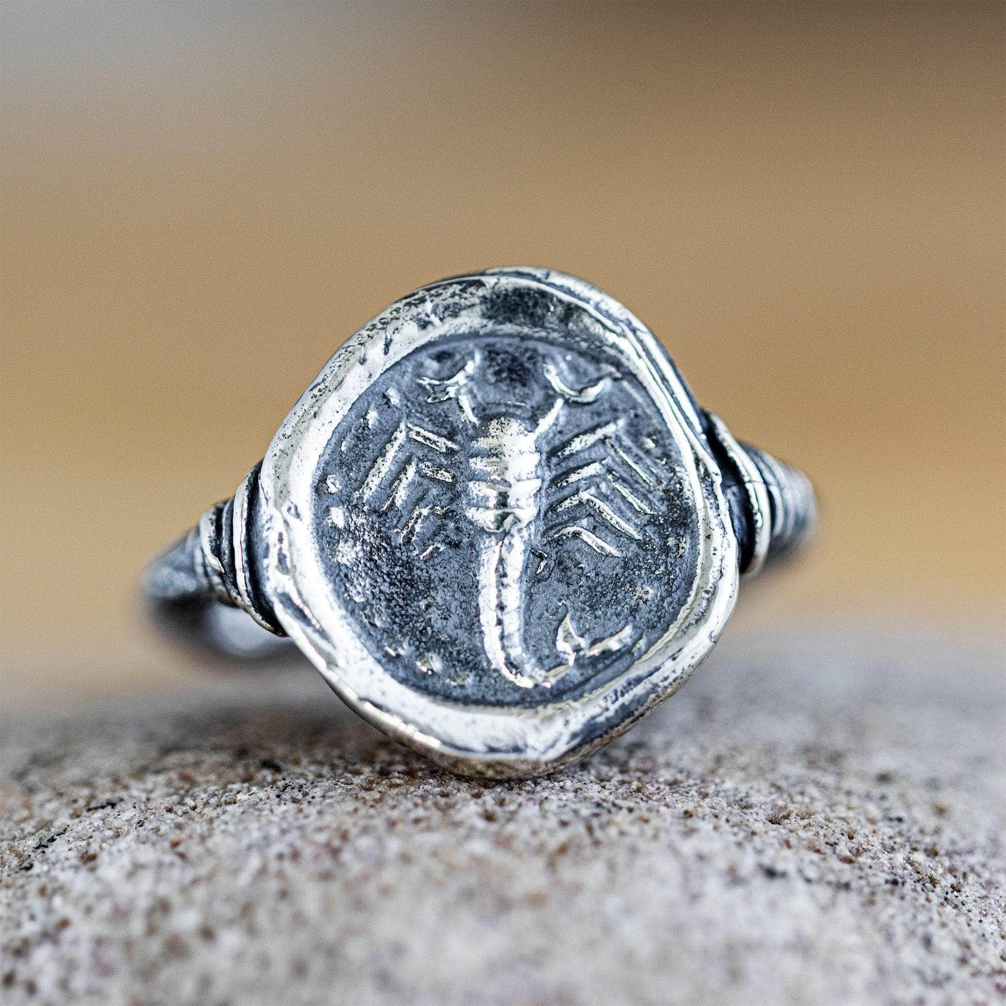 Oxidized 925 Silver Ring with Ancient Scorpion Seal Engraving