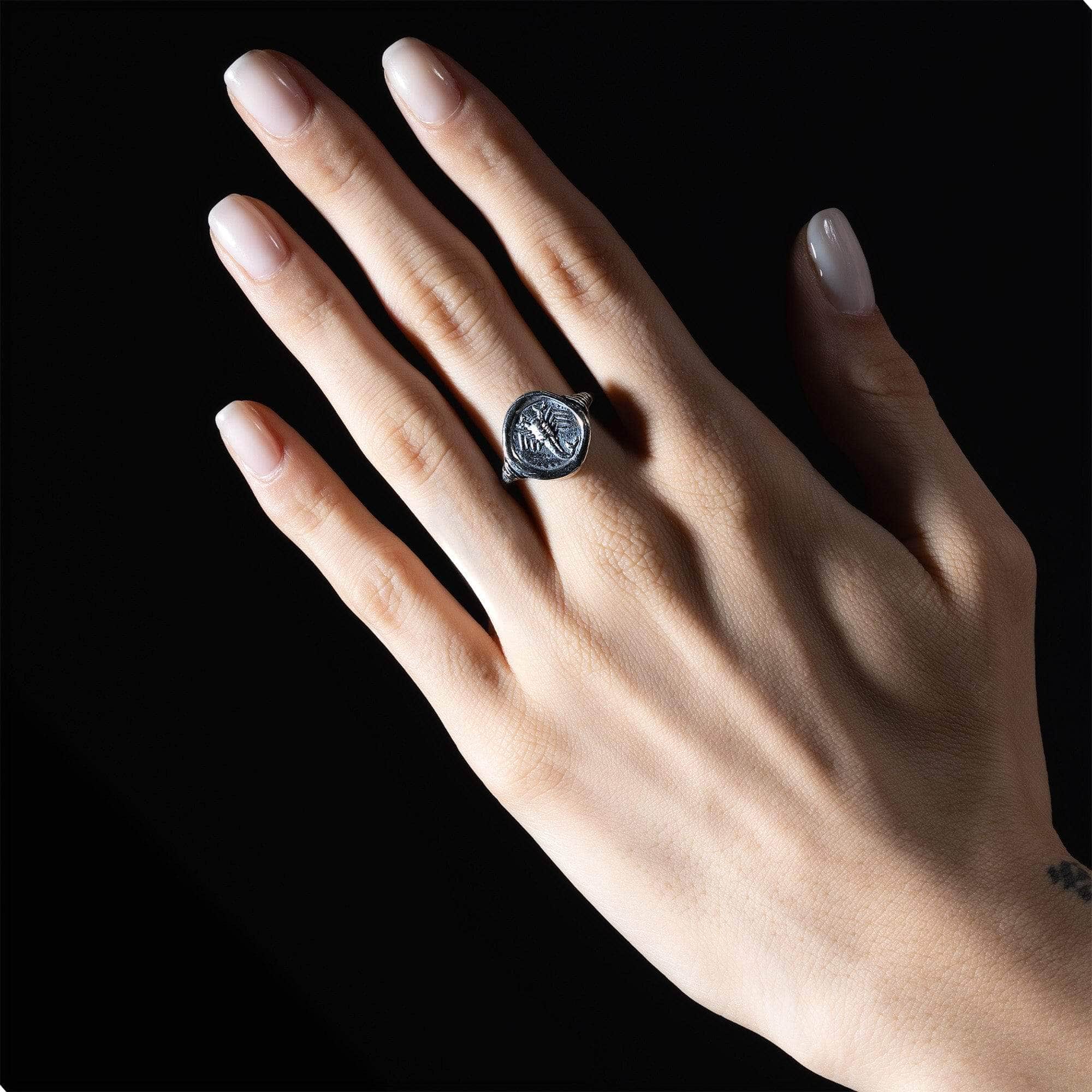 Oxidized 925 Silver Ring with Ancient Scorpion Seal Engraving