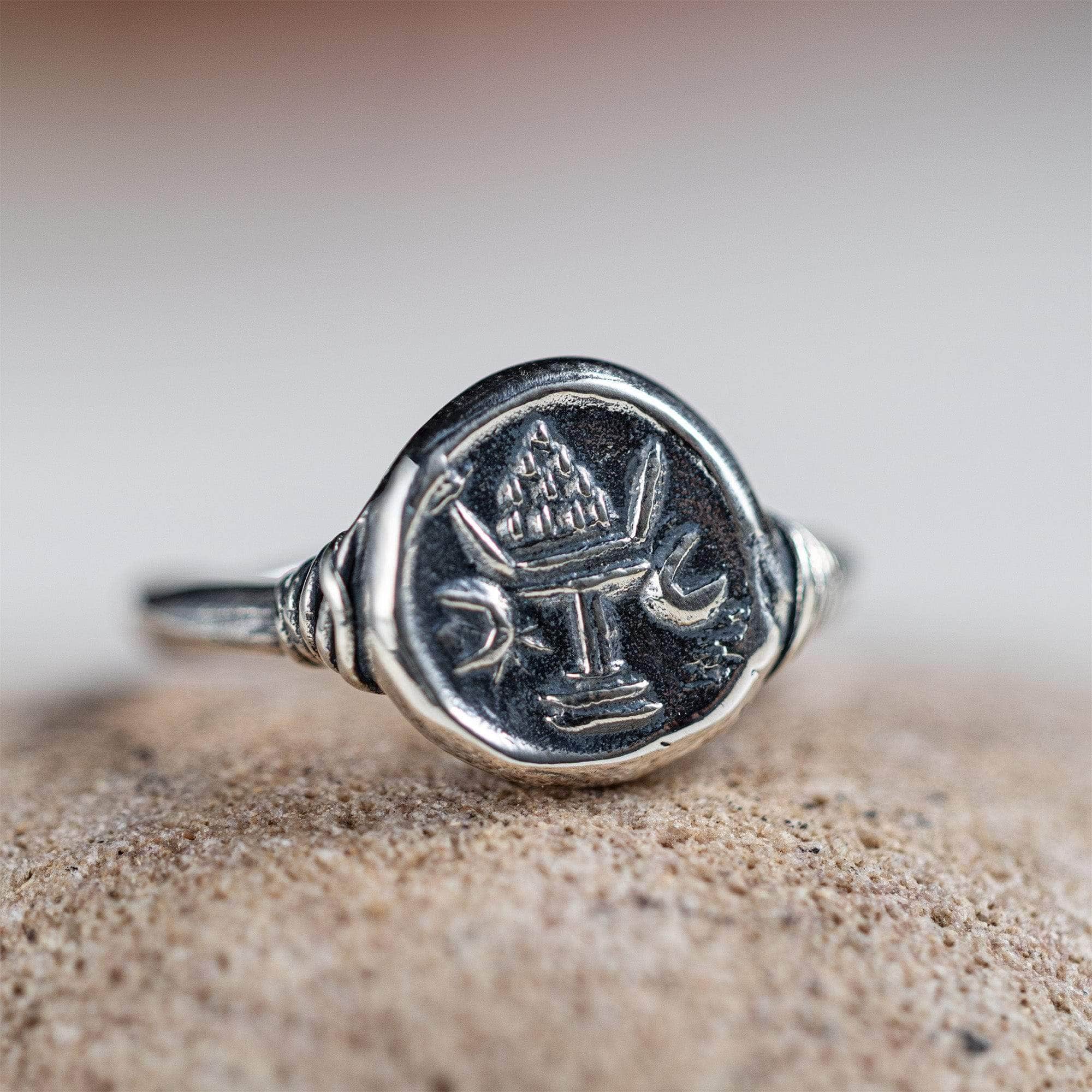 Oxidized 925 Silver Ring with Ancient Seal of Abundance Engraving