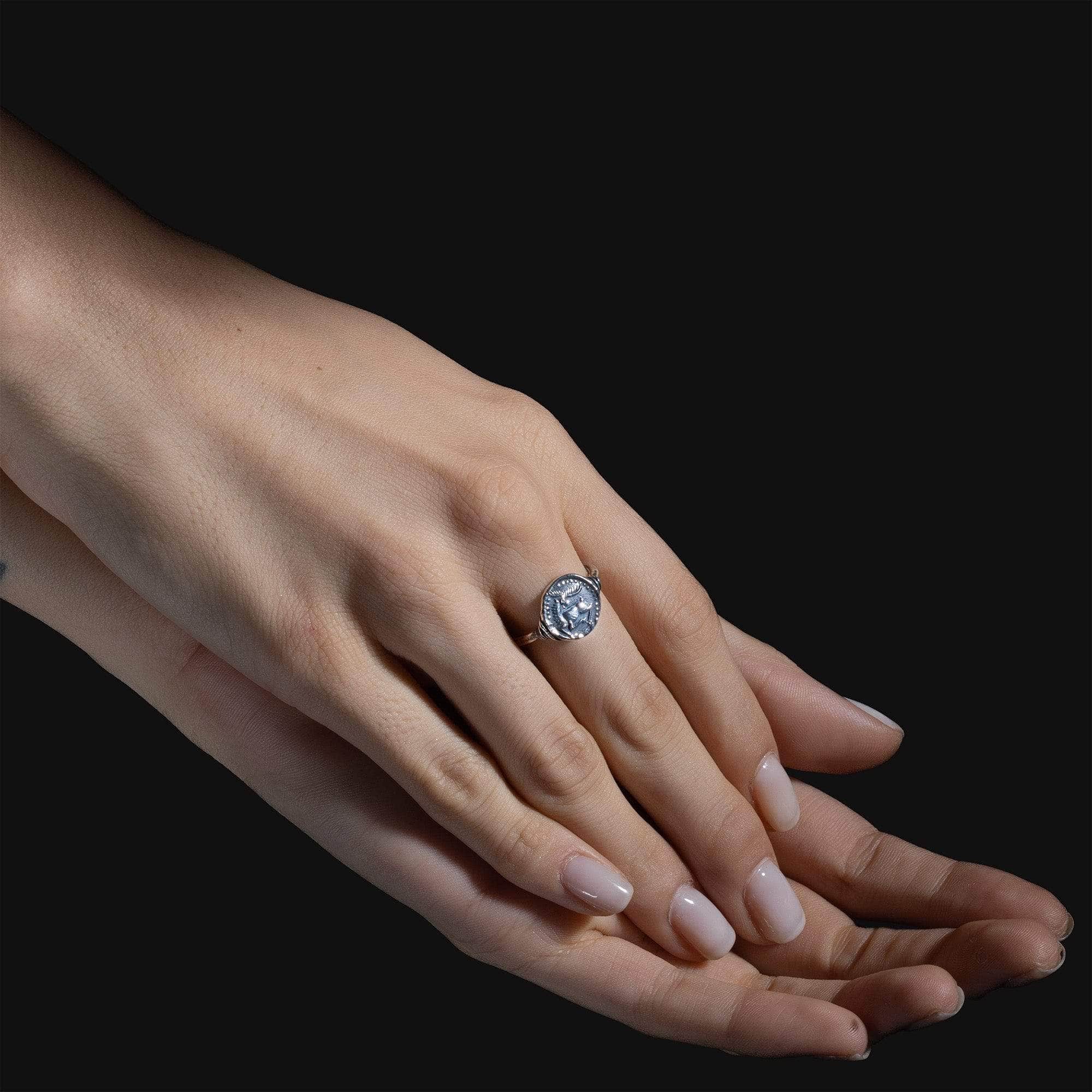 Oxidized 925 Silver Ring with Ancient Stag Seal Engraving