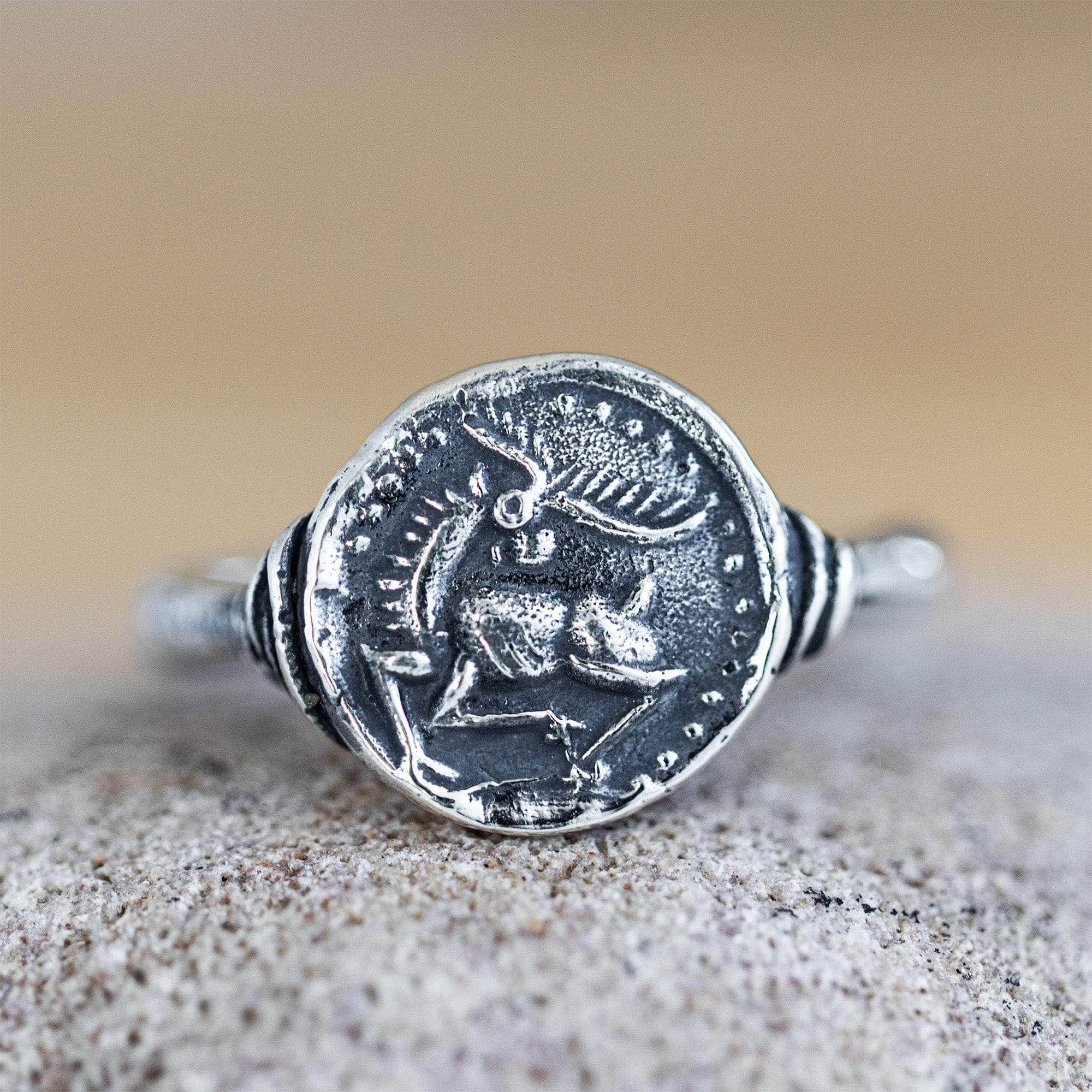 Oxidized 925 Silver Ring with Ancient Stag Seal Engraving